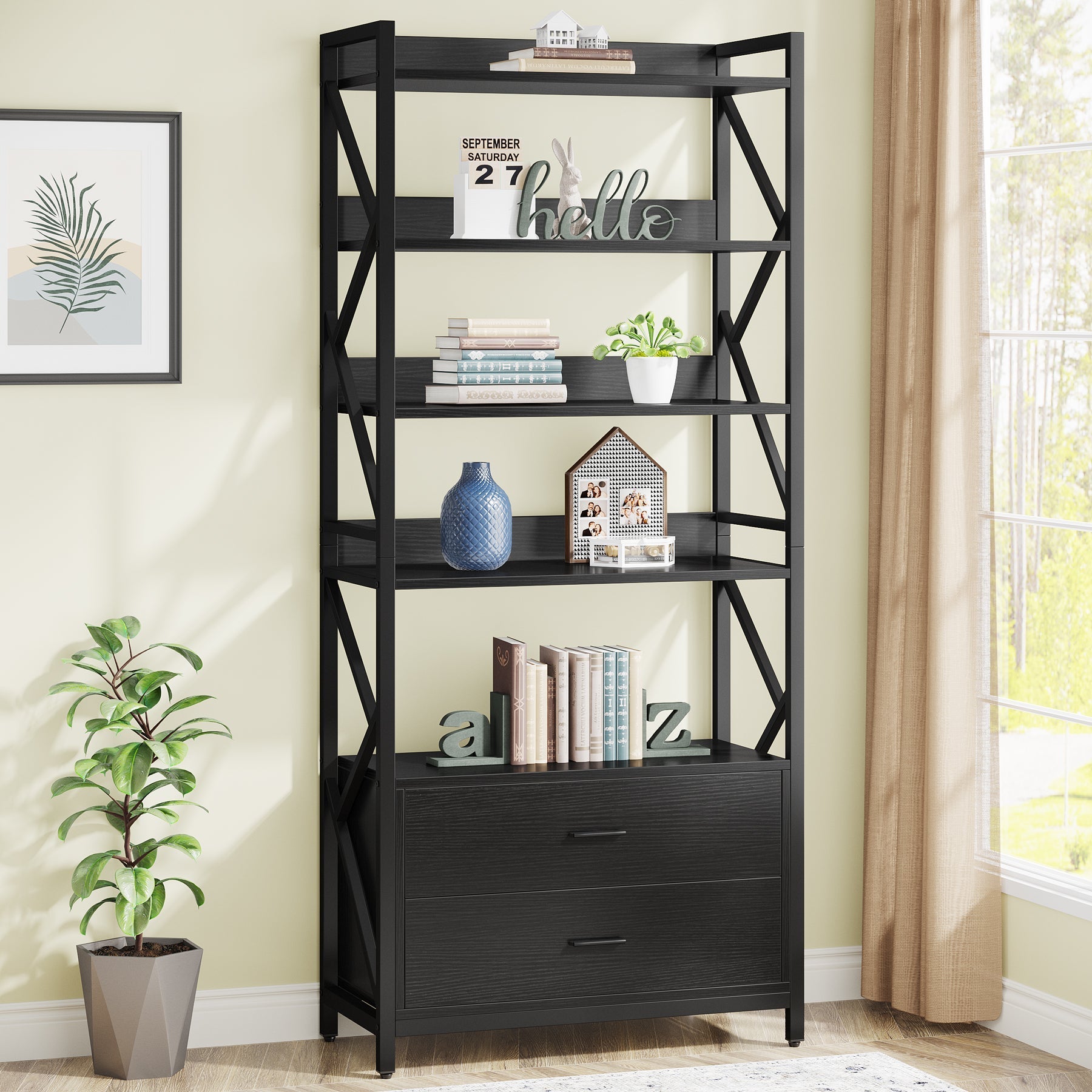 180 cm Bookshelf, Industrial 5-Tier Bookcase with 2 Drawers