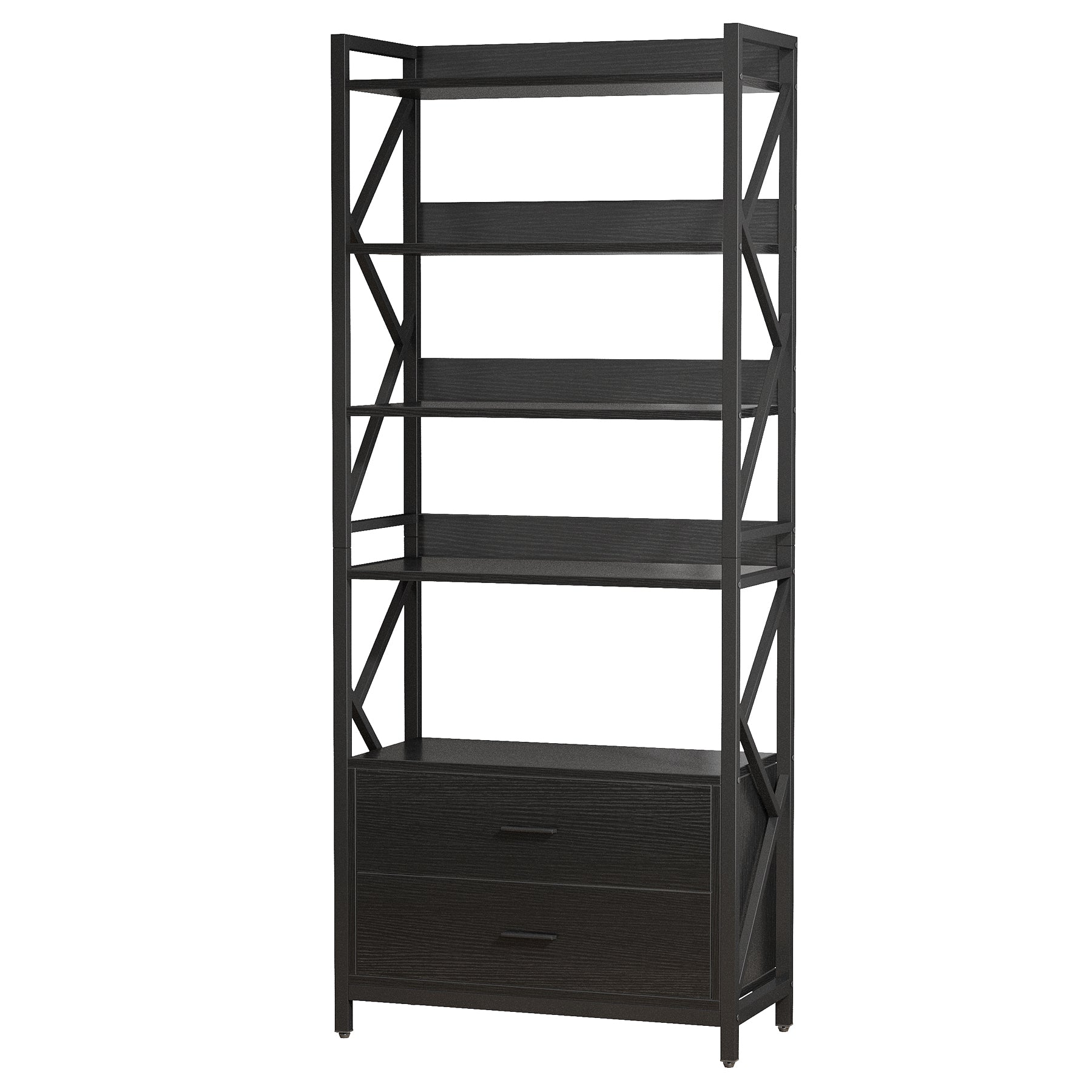 180 cm Bookshelf, Industrial 5-Tier Bookcase with 2 Drawers