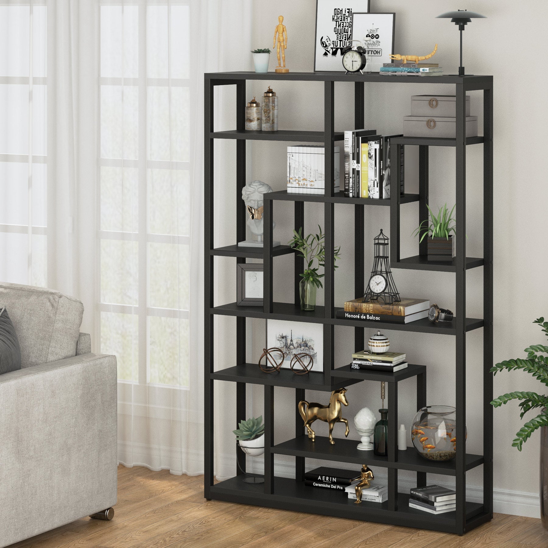 180 cm Bookshelf, Black Standing Shelf Bookcase Storage Rack