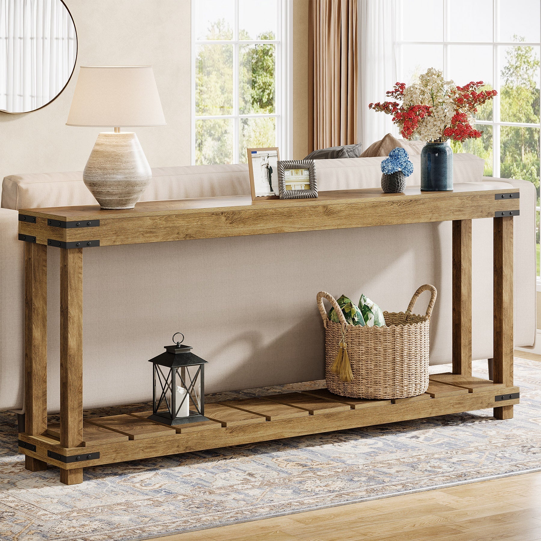 180 cm Console Table, 2-Tier Entryway Table Sofa Table with Storage Shelves