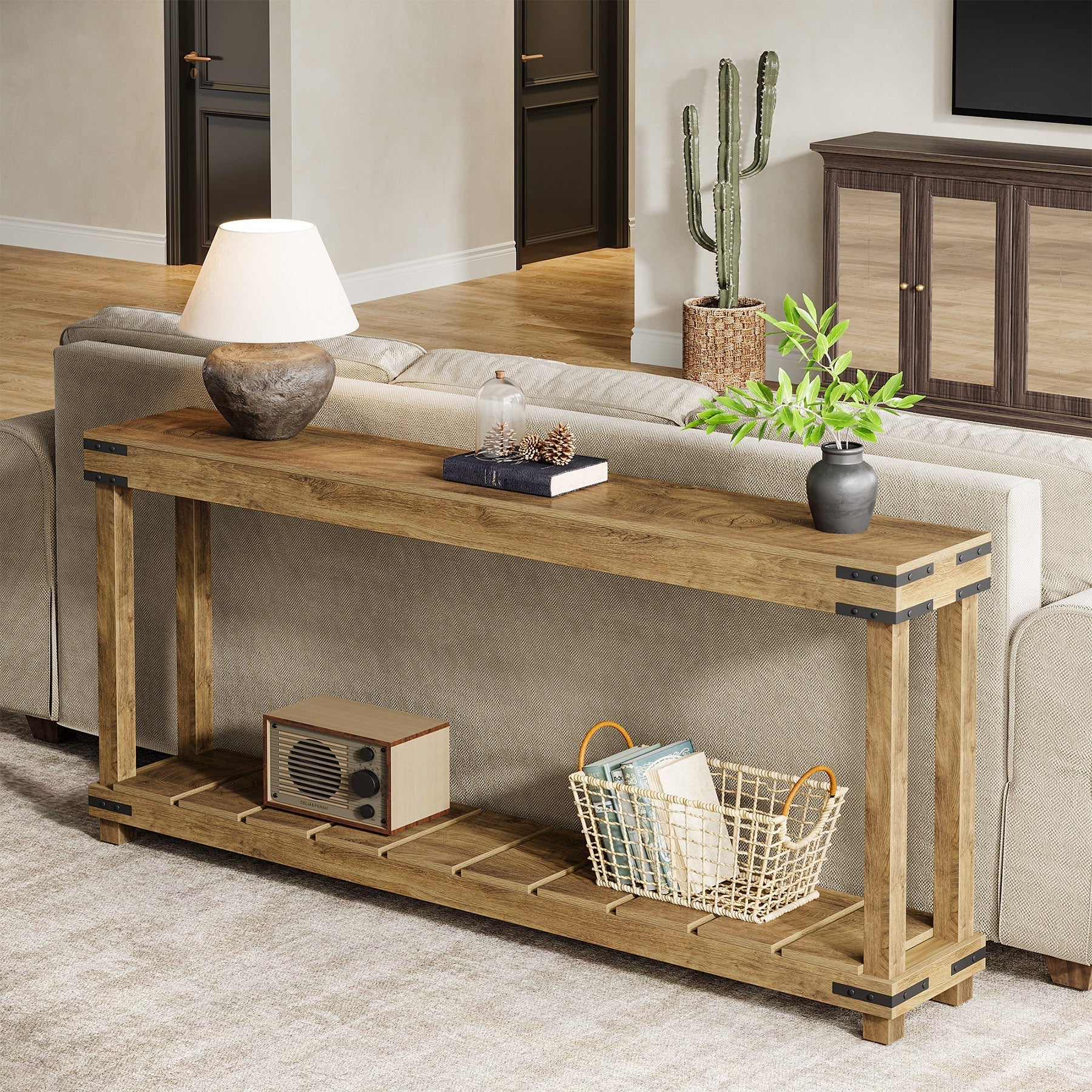 180 cm Console Table, 2-Tier Entryway Table Sofa Table with Storage Shelves