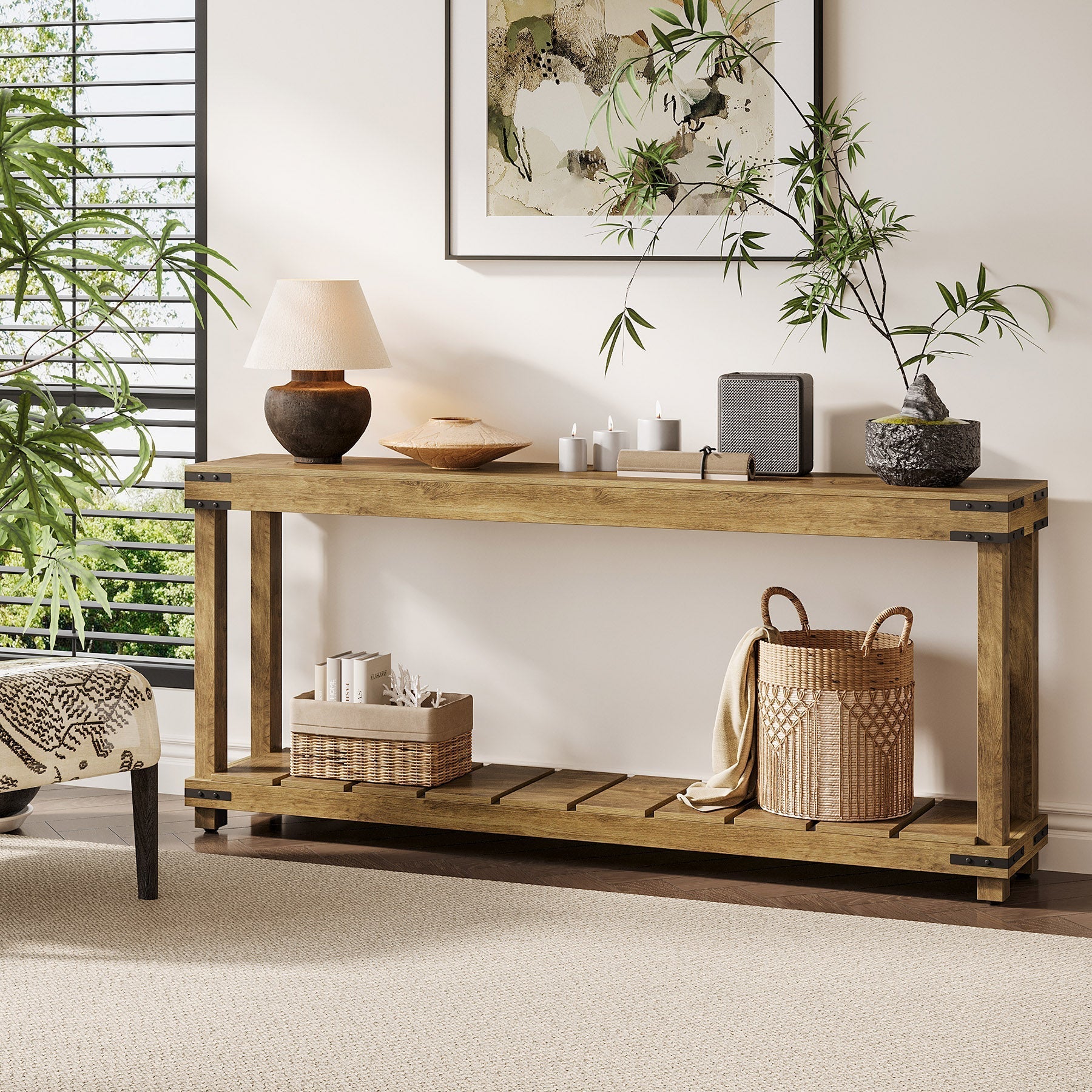 180 cm Console Table, 2-Tier Entryway Table Sofa Table with Storage Shelves