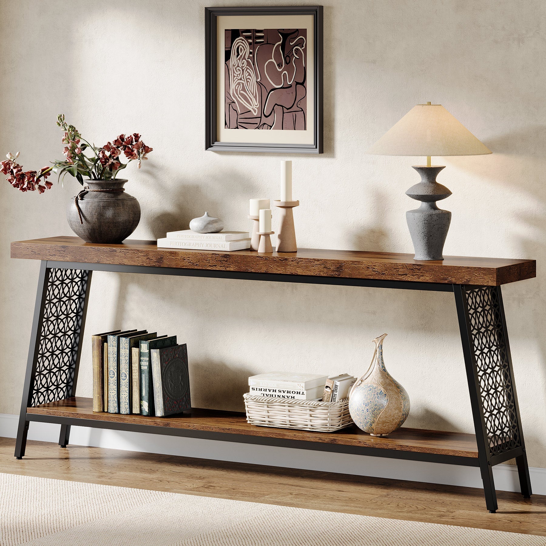 180 cm Console Table, 2-Tier Extra Long Sofa Table with Storage Shelf