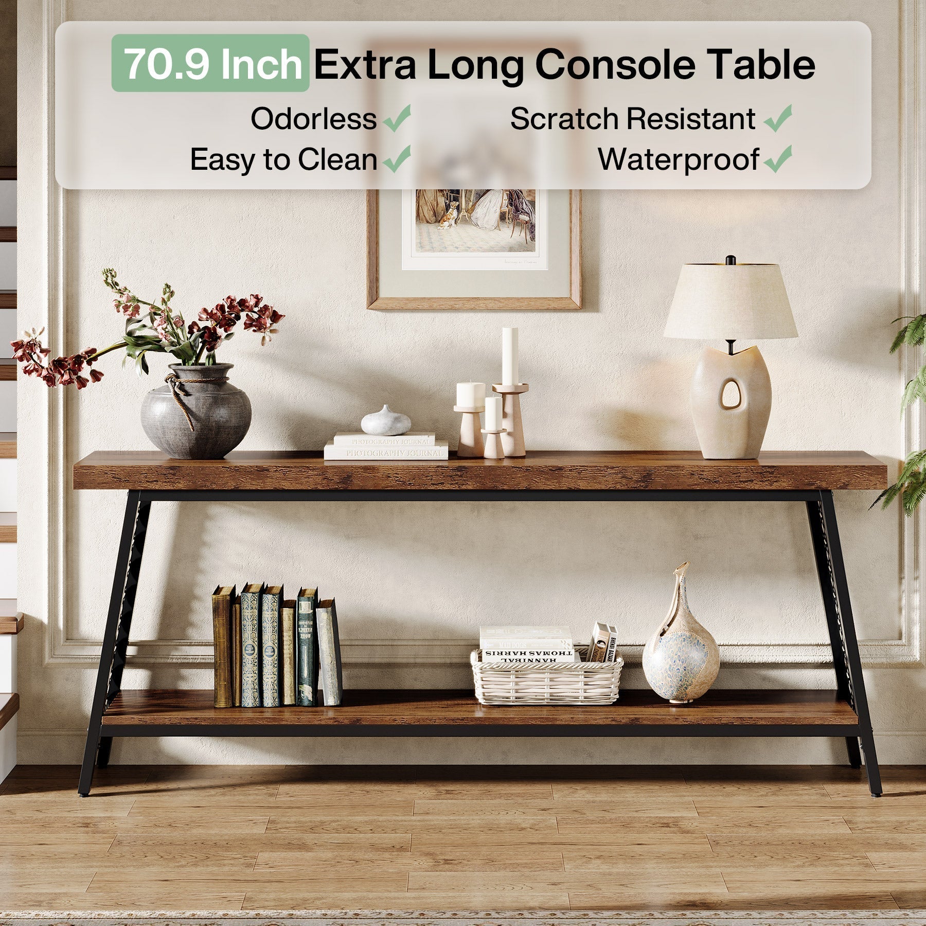 180 cm Console Table, 2-Tier Extra Long Sofa Table with Storage Shelf