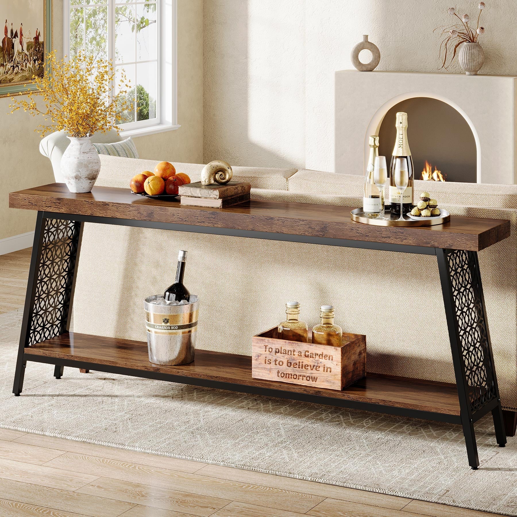 180 cm Console Table, 2-Tier Extra Long Sofa Table with Storage Shelf