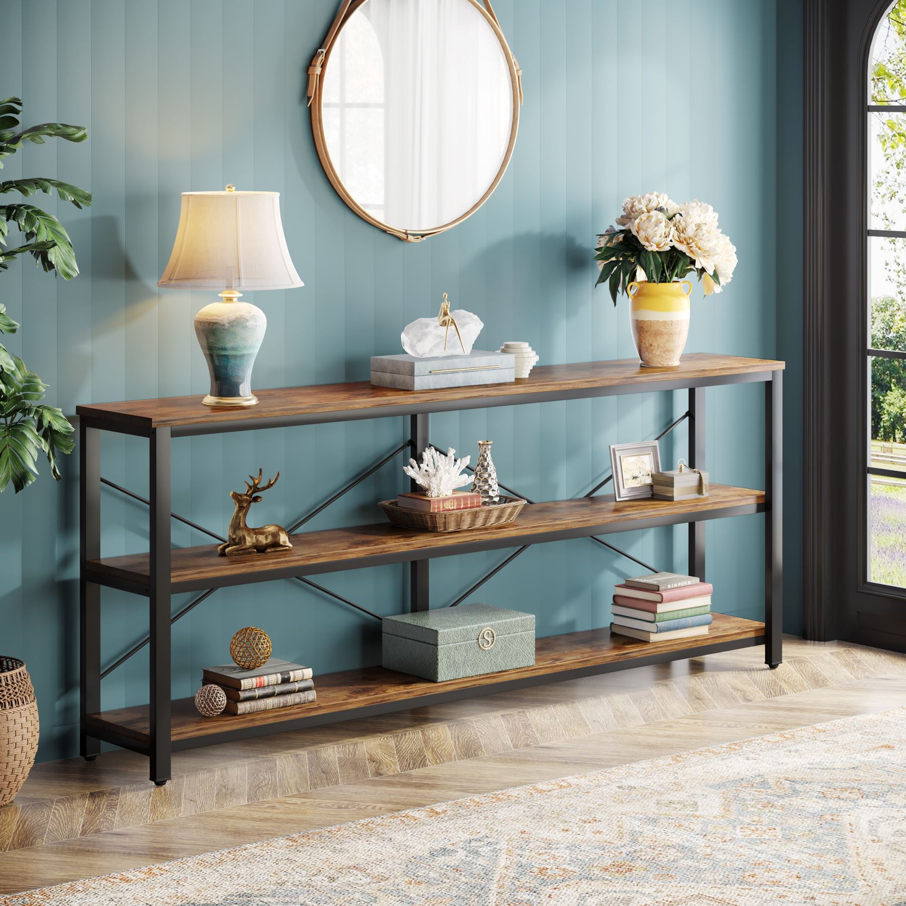 180 cm Console Table, 3-Tier Sofa Table with Metal Frame