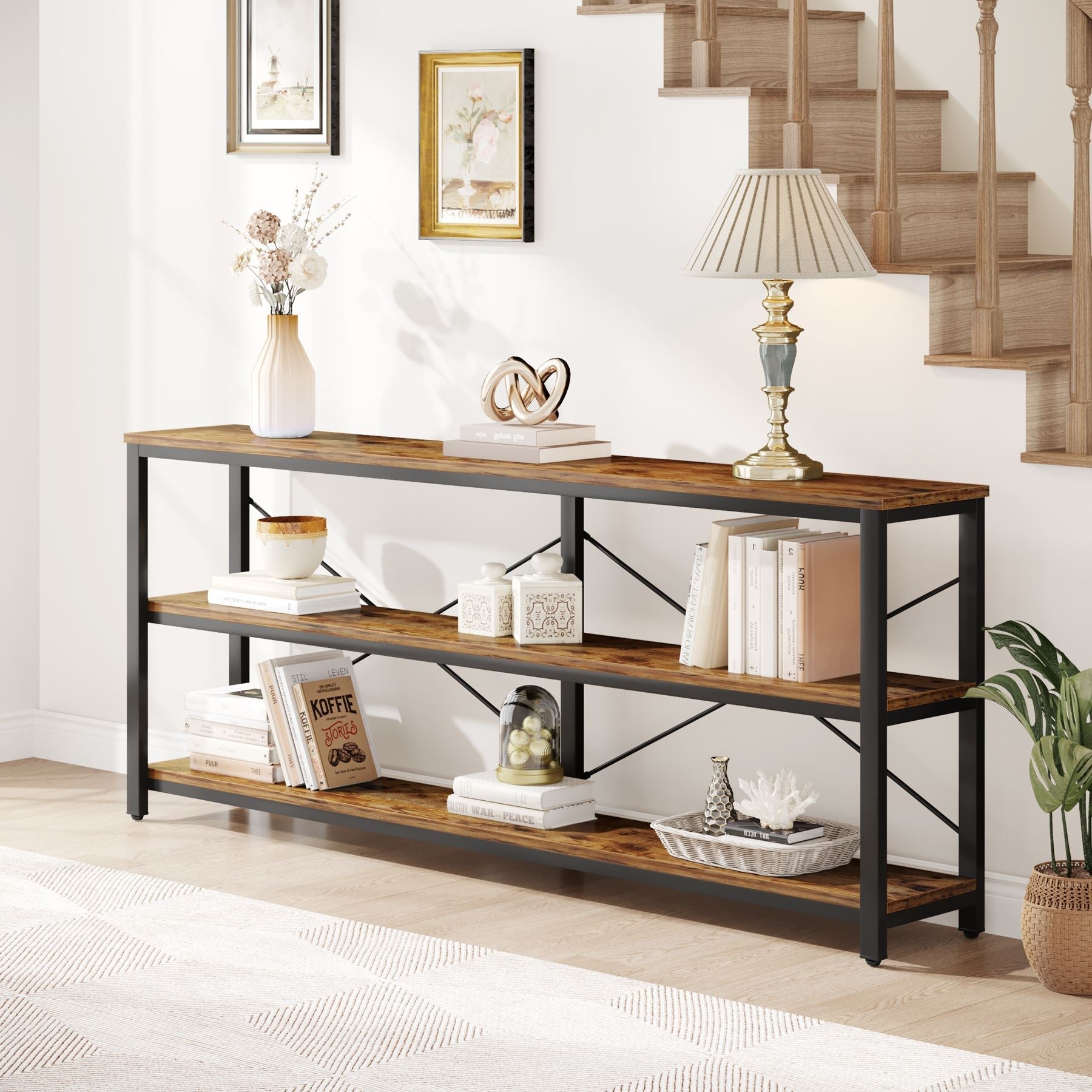 180 cm Console Table, 3-Tier Sofa Table with Metal Frame