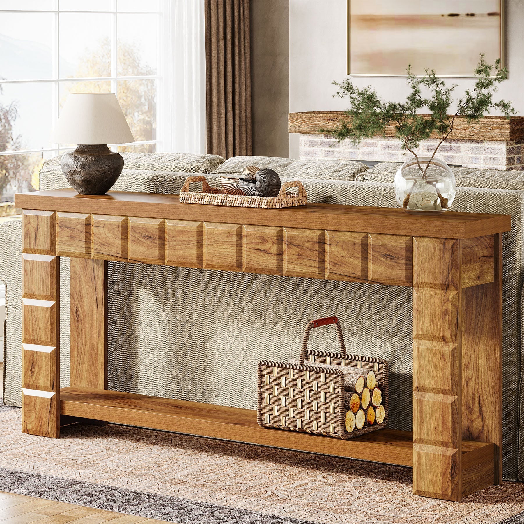 180 cm Console Table, Farmhouse 2-Tier Entryway Table Sofa Table with Storage