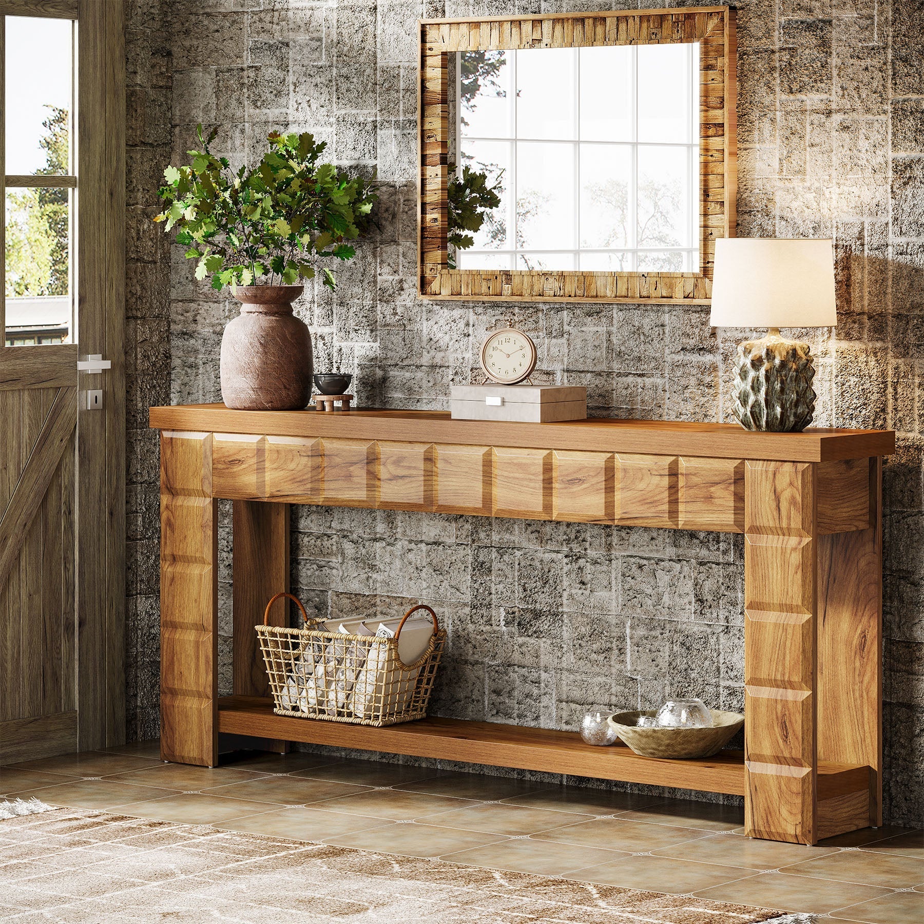 180 cm Console Table, Farmhouse 2-Tier Entryway Table Sofa Table with Storage