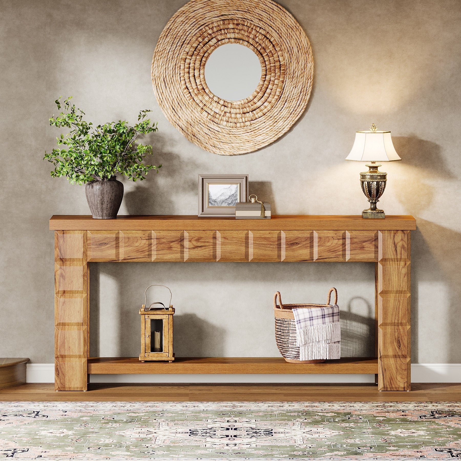 180 cm Console Table, Farmhouse 2-Tier Entryway Table Sofa Table with Storage