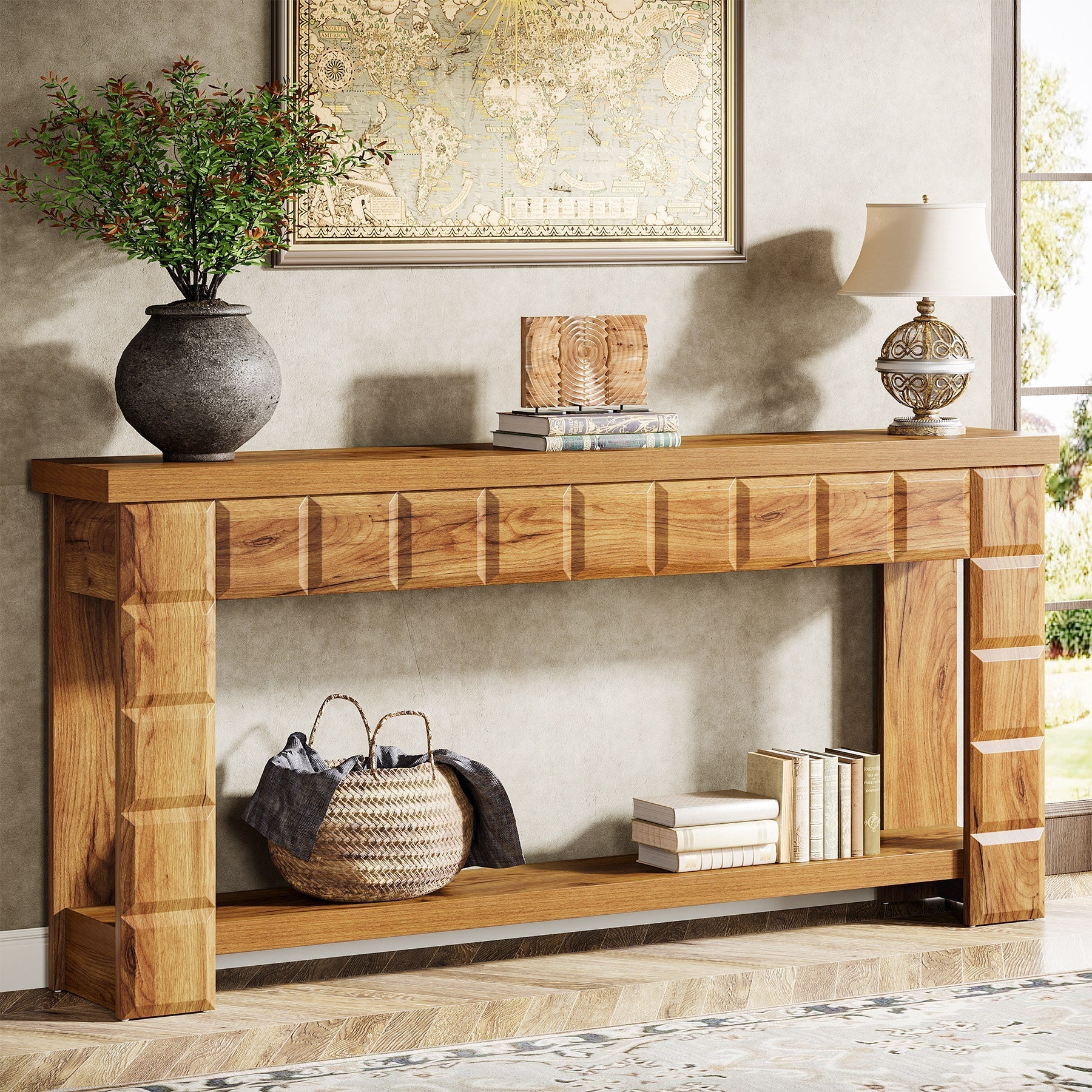 180 cm Console Table, Farmhouse 2-Tier Entryway Table Sofa Table with Storage