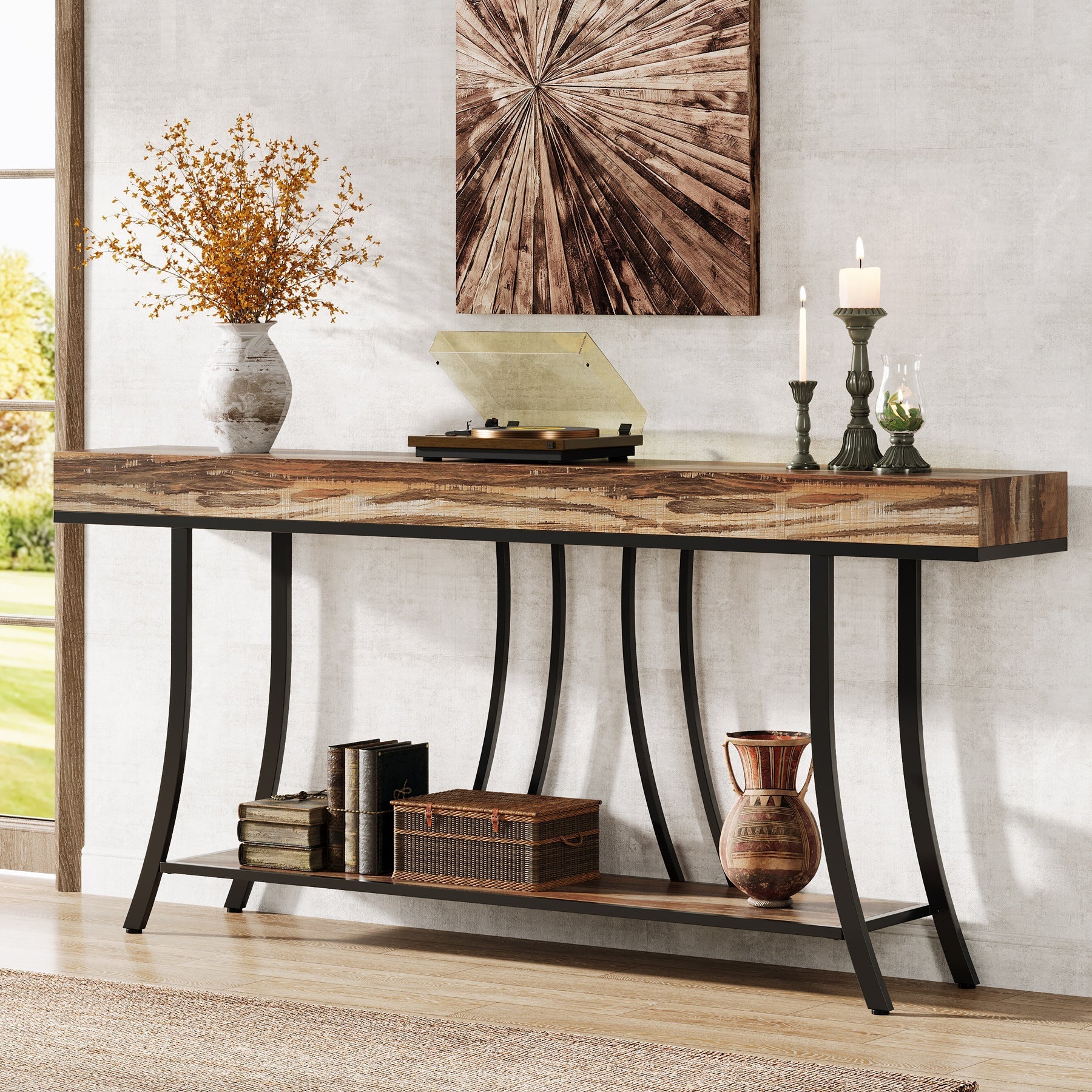 180 cm Console Table, Industrial Narrow Sofa Table with Storage Shelves