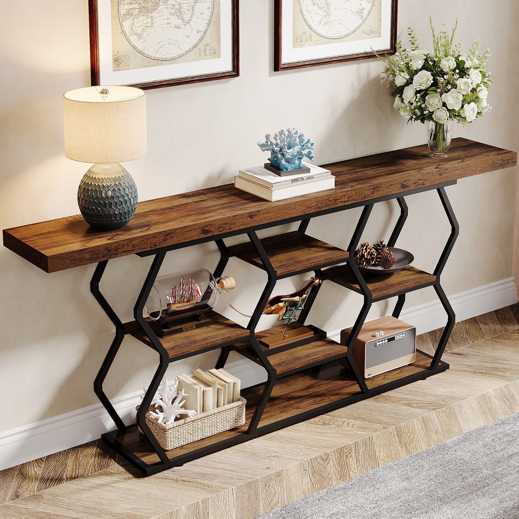 180 cm Console Table, Long Sofa Table with Storage Shelves