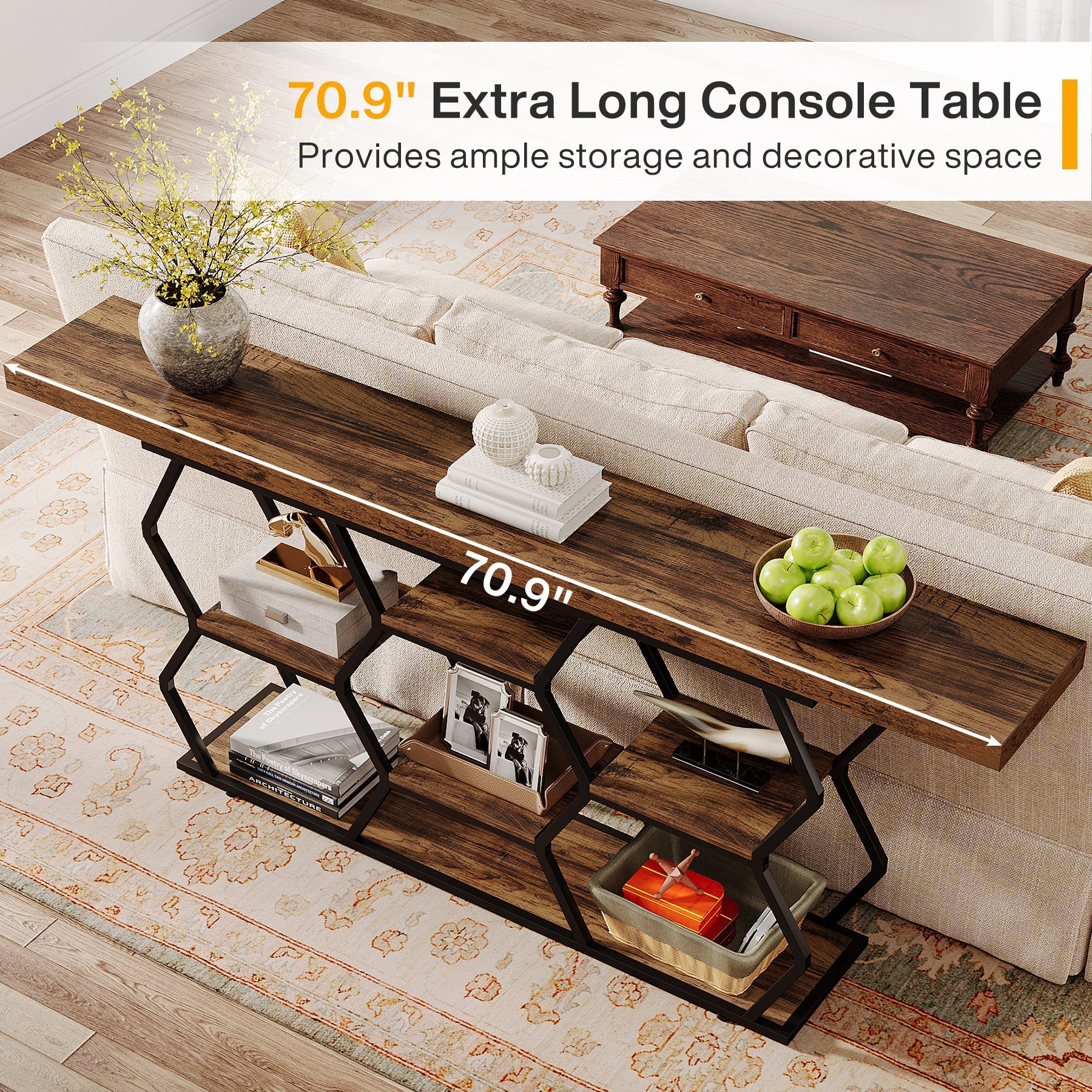 180 cm Console Table, Long Sofa Table with Storage Shelves