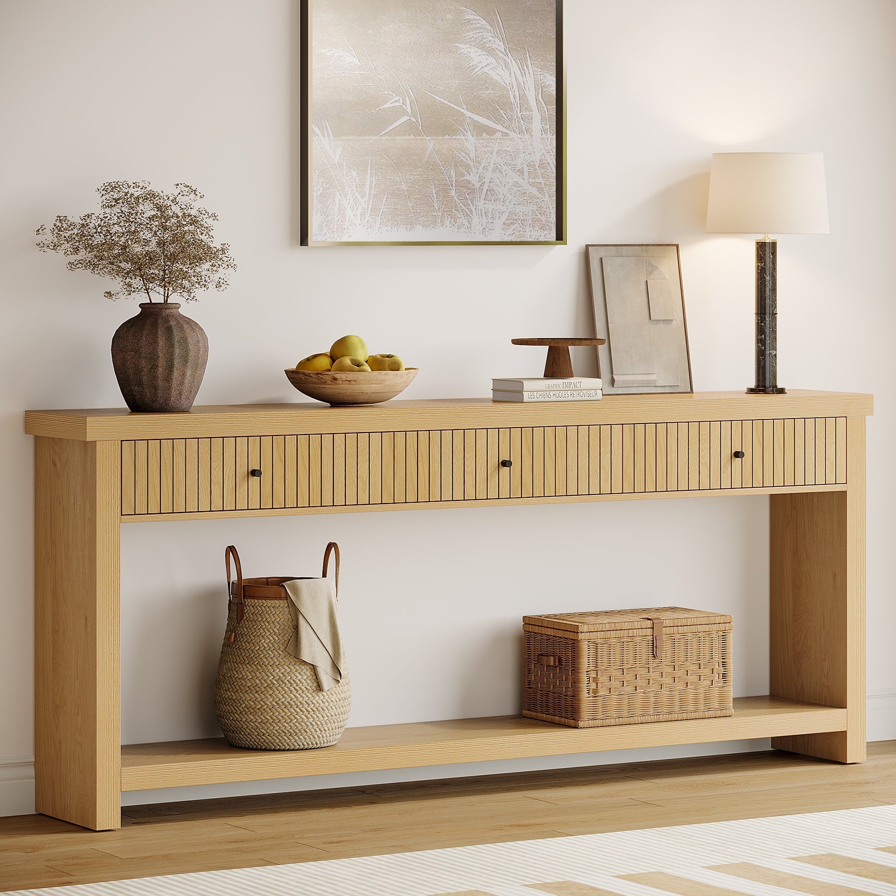 180 cm Console Table, Long Wood Sofa Table with 3 Drawers