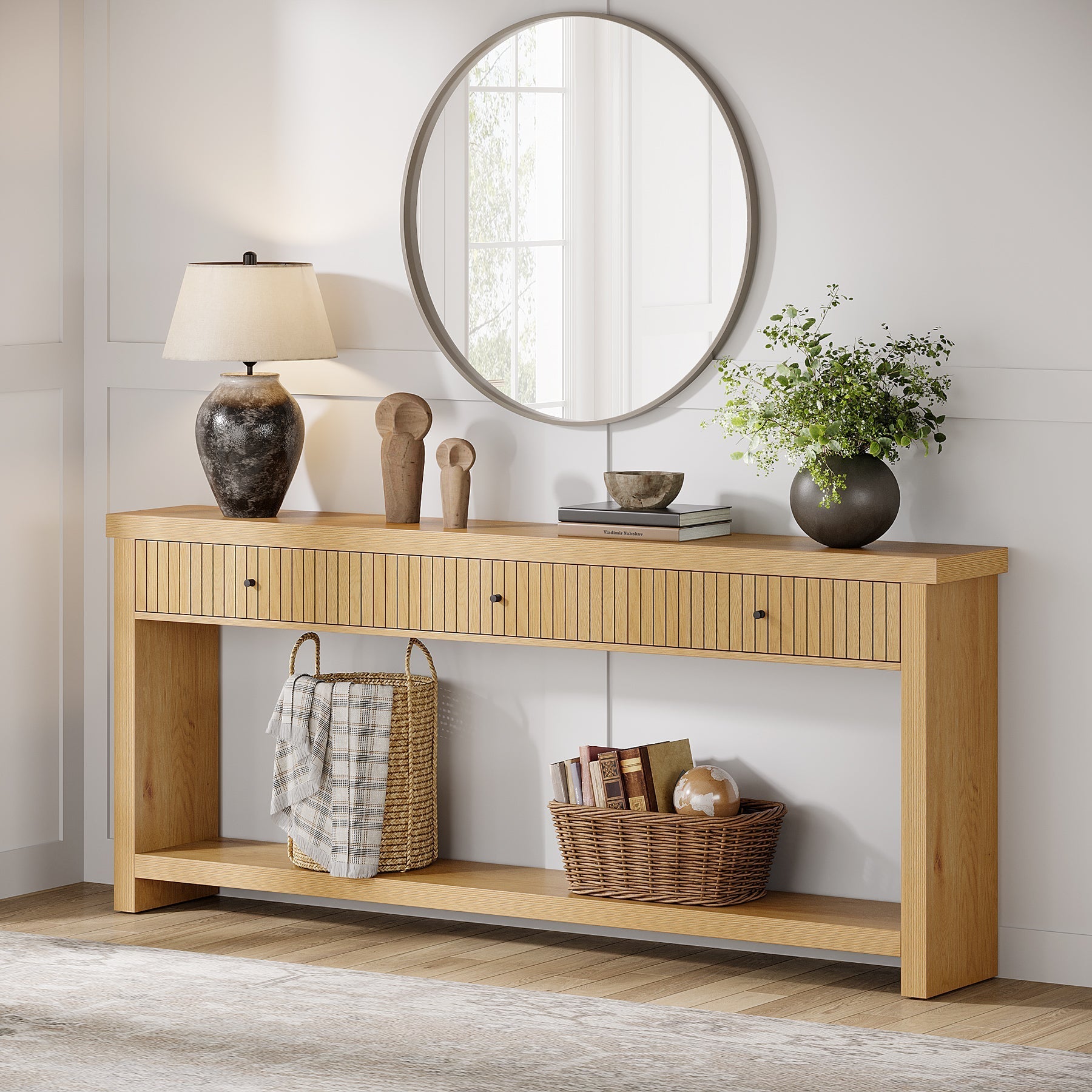 180 cm Console Table, Long Wood Sofa Table with 3 Drawers