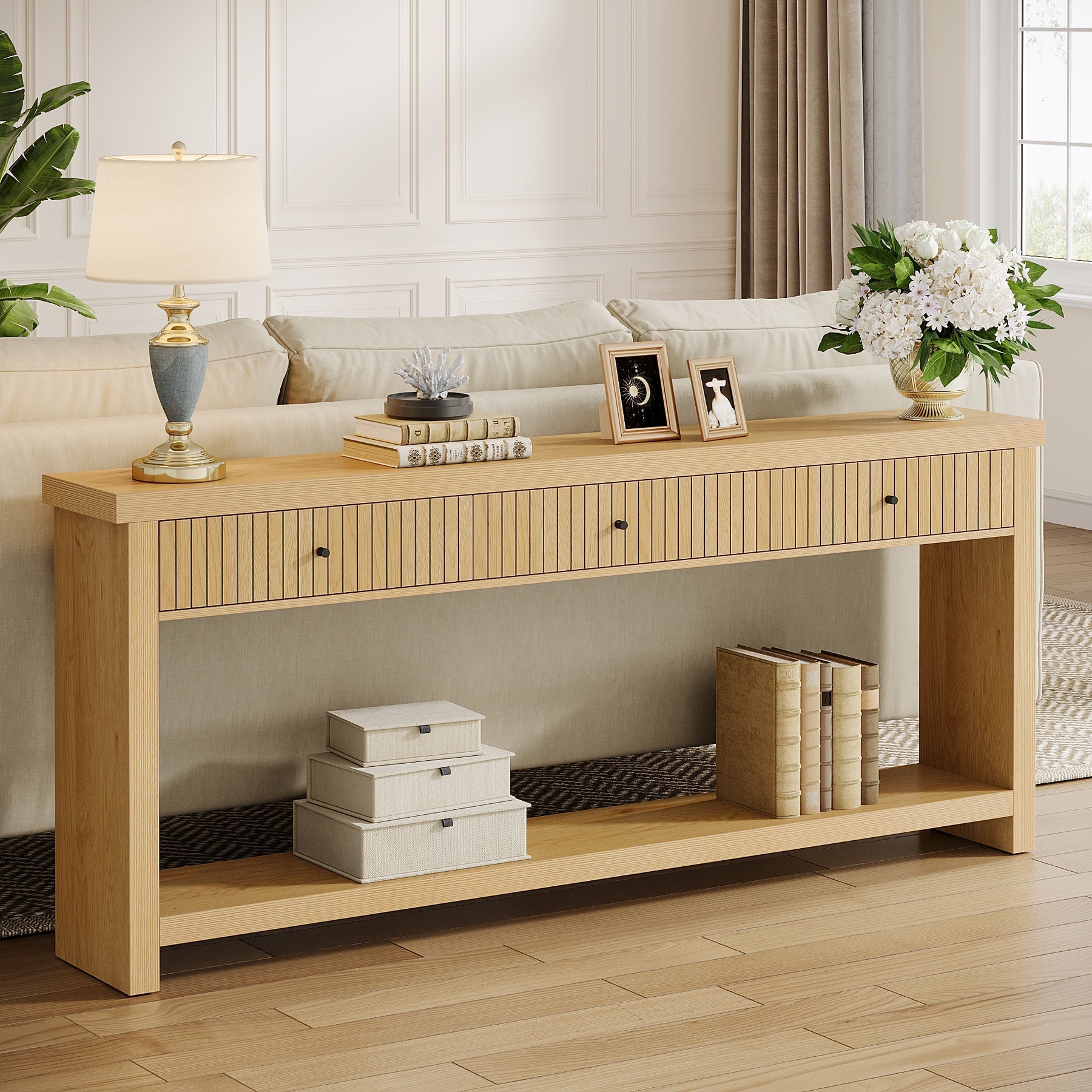 180 cm Console Table, Long Wood Sofa Table with 3 Drawers