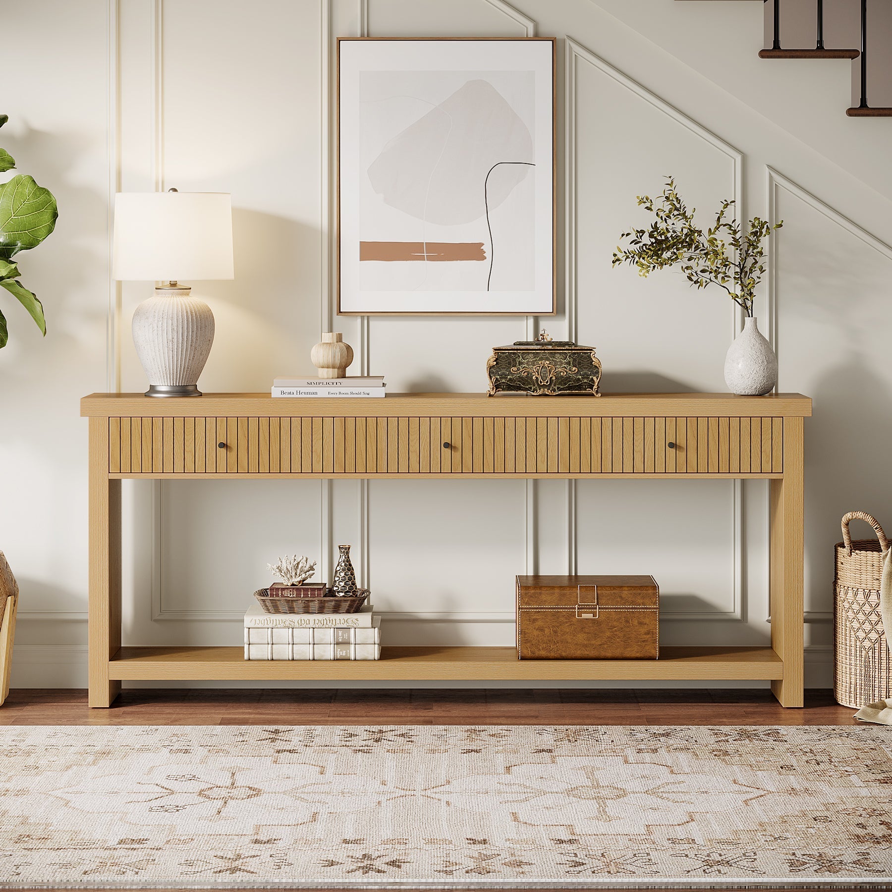 180 cm Console Table, Long Wood Sofa Table with 3 Drawers