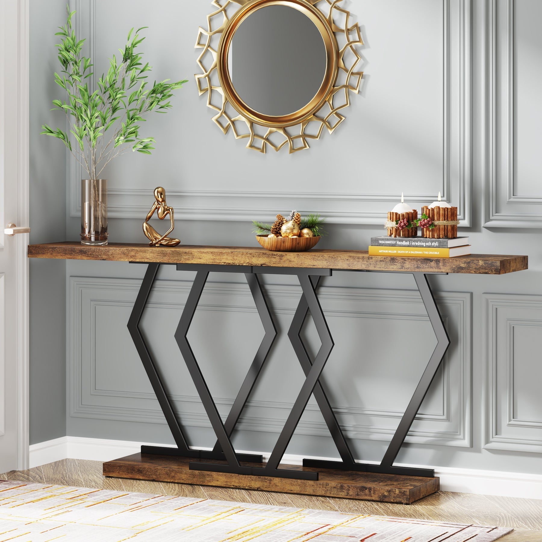 180 cm Console Table, Modern Sofa Table with Faux Marble Tabletop