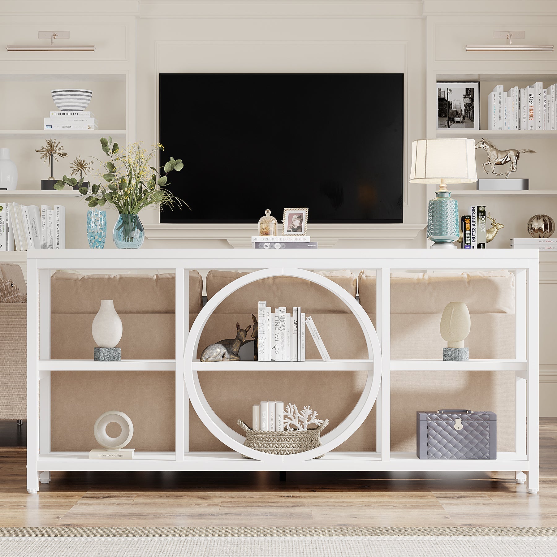 180 cm Console Table, Narrow Sofa Table with 3 Tier Storage Shelves