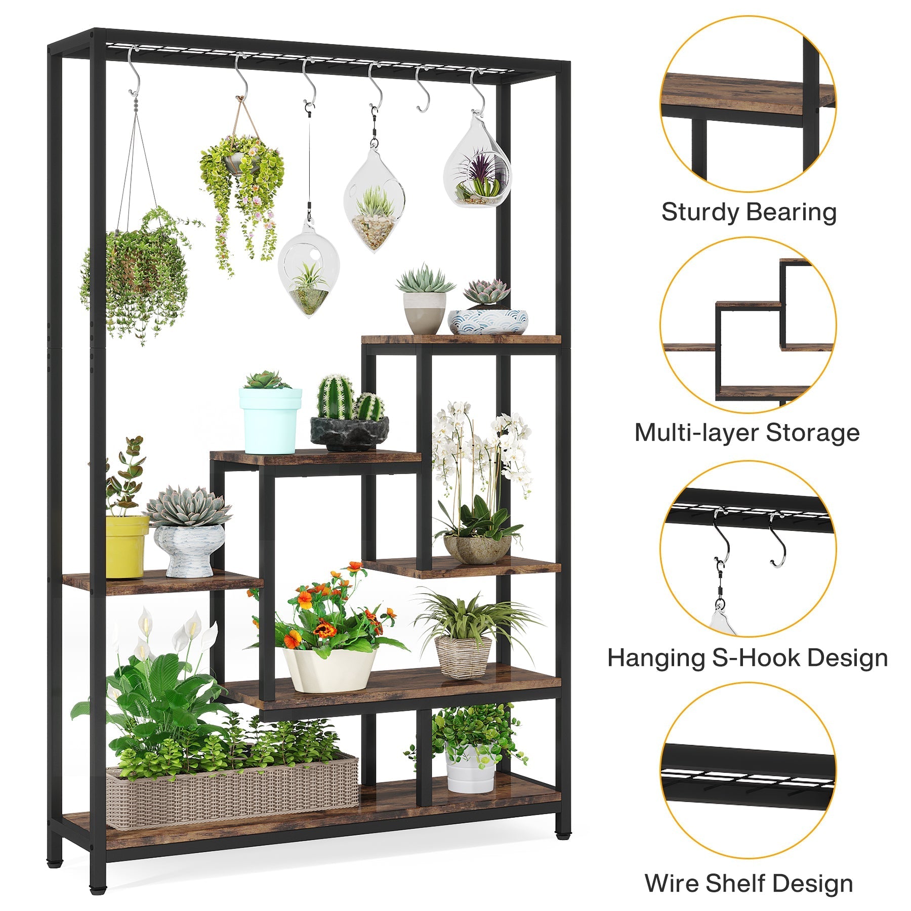 180 cm Plant Stand, Large Flower Bonsai Shelf with 6 Hanging Hooks