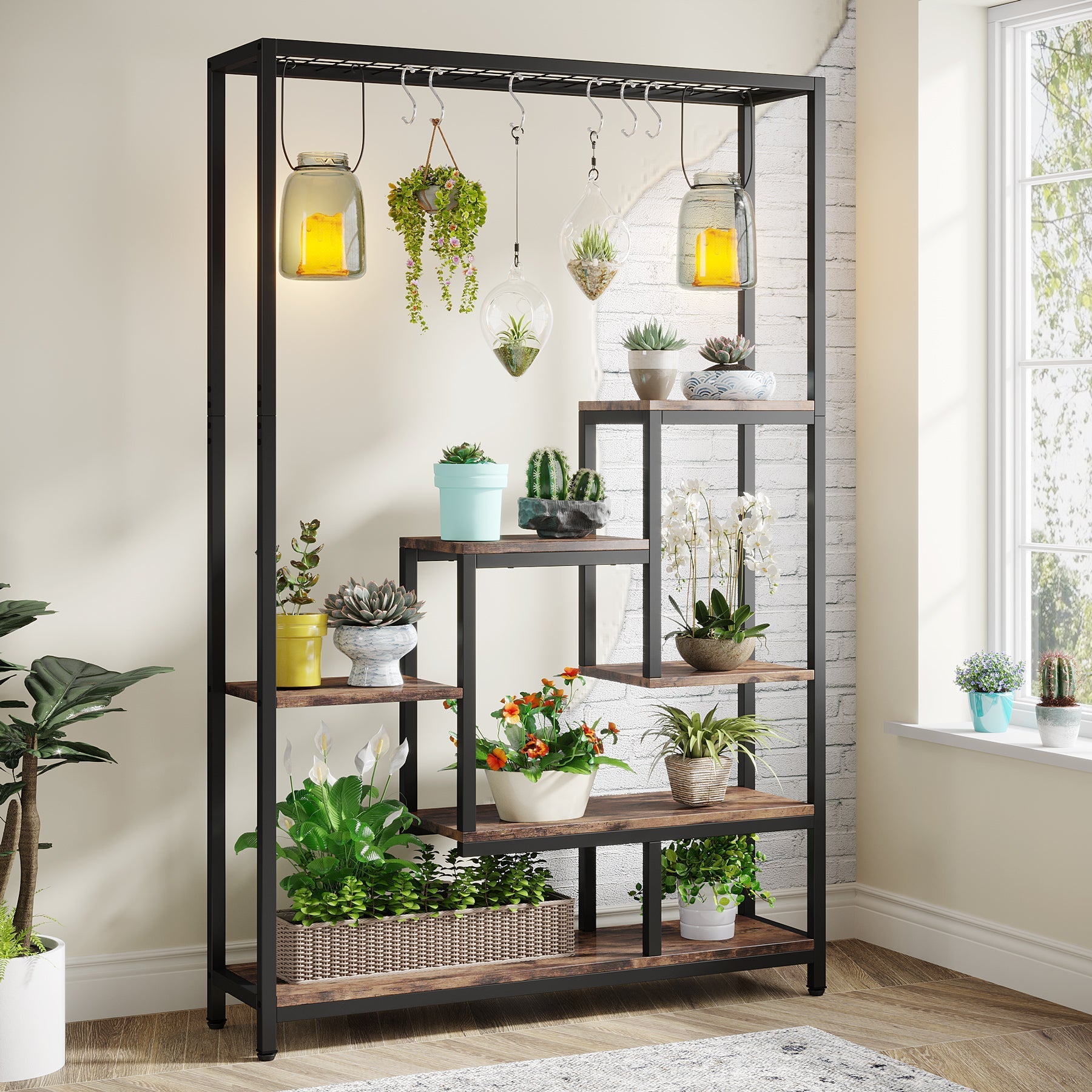 180 cm Plant Stand, Large Flower Bonsai Shelf with 6 Hanging Hooks