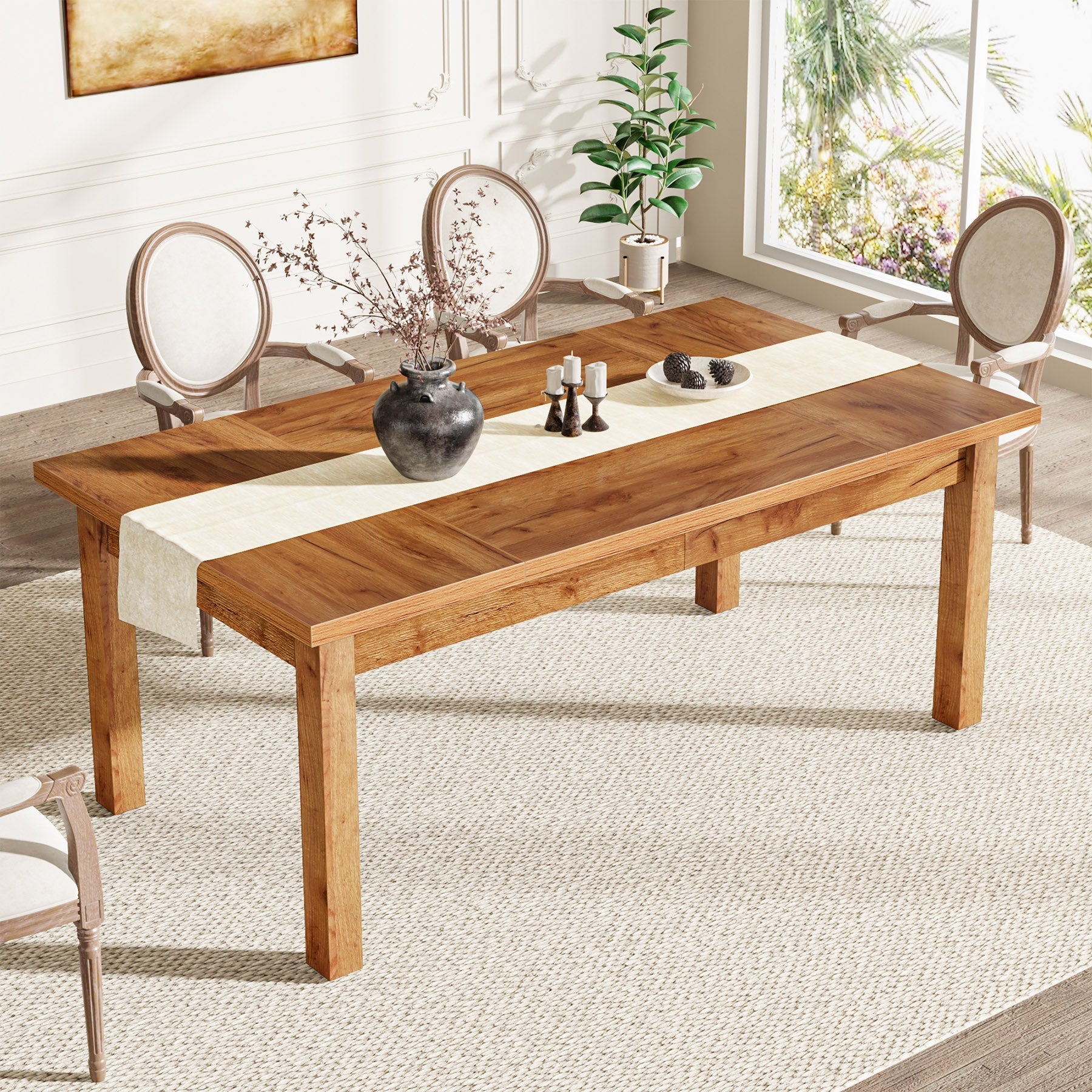 180 cm Wood Dining Table for 6-8 People, Farmhouse Breakfast Table