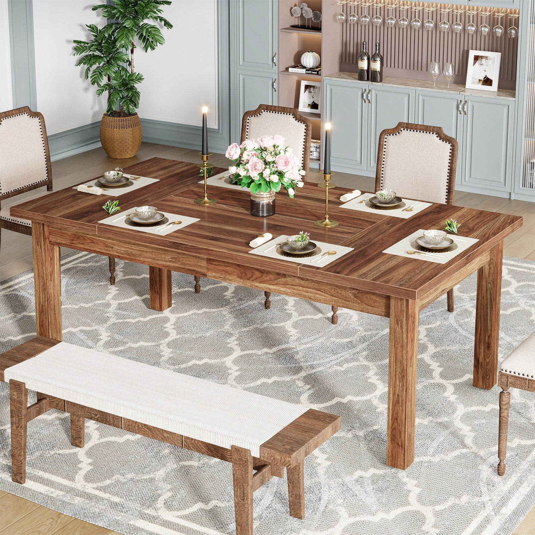 180 cm Wood Dining Table for 6-8 People, Farmhouse Breakfast Table