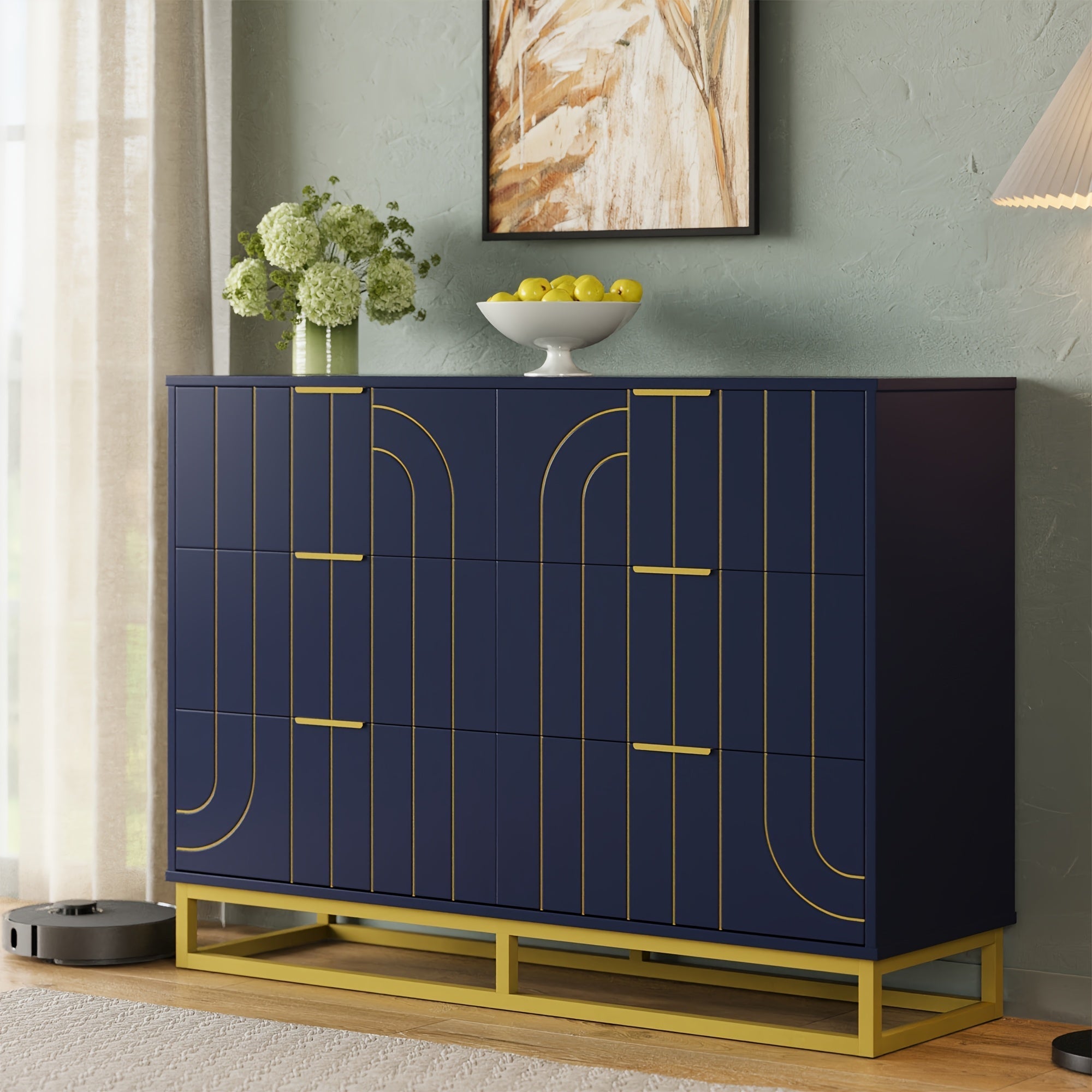 Elegant 122cm Dark Blue & Golden Modern Wooden Dresser - Versatile File Storage Cabinet with 6 Drawers, Easy Assembly, Durable Construction for Bedroom, Living Room & Office - Ideal Housewarming Gift for Home Decor Enthusiasts,