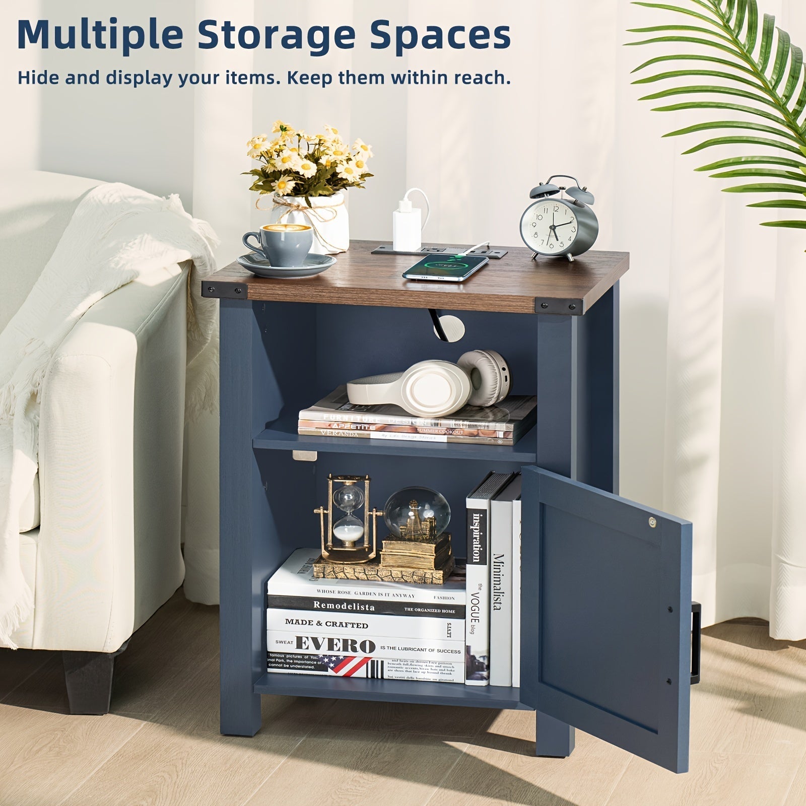 Charming Dark Blue 46cm Farmhouse Nightstand with Charging Station & USB Port, Rustic Hardwood End Table with Magnetic Doors & Storage Shelf - Ideal for Bedroom Comfort, Bedroom Decor