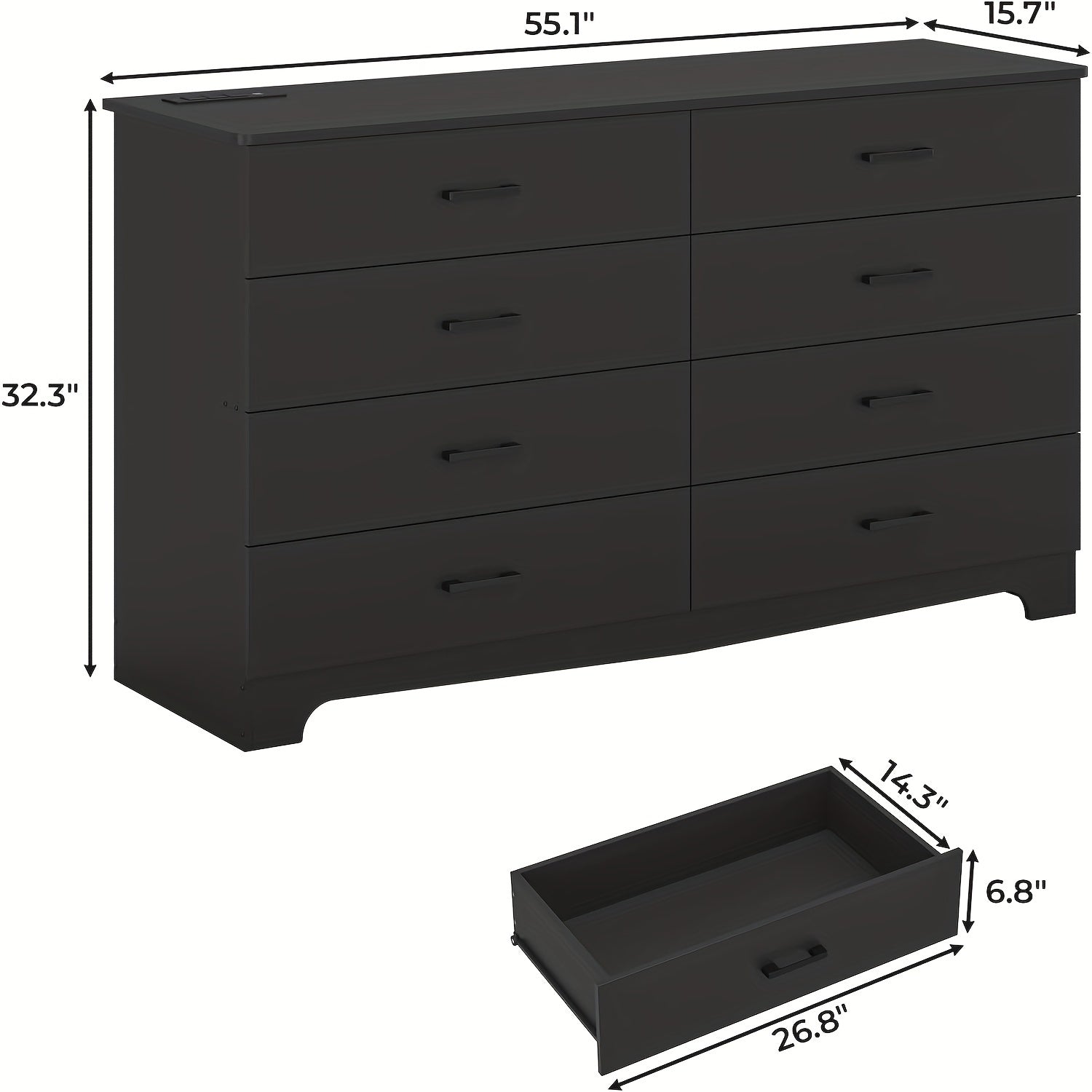 8 Drawer Storage Cabinet, Modern Bedroom Chest of Drawers with Charging Station, Wide Living Room Storage Cabinet, Black