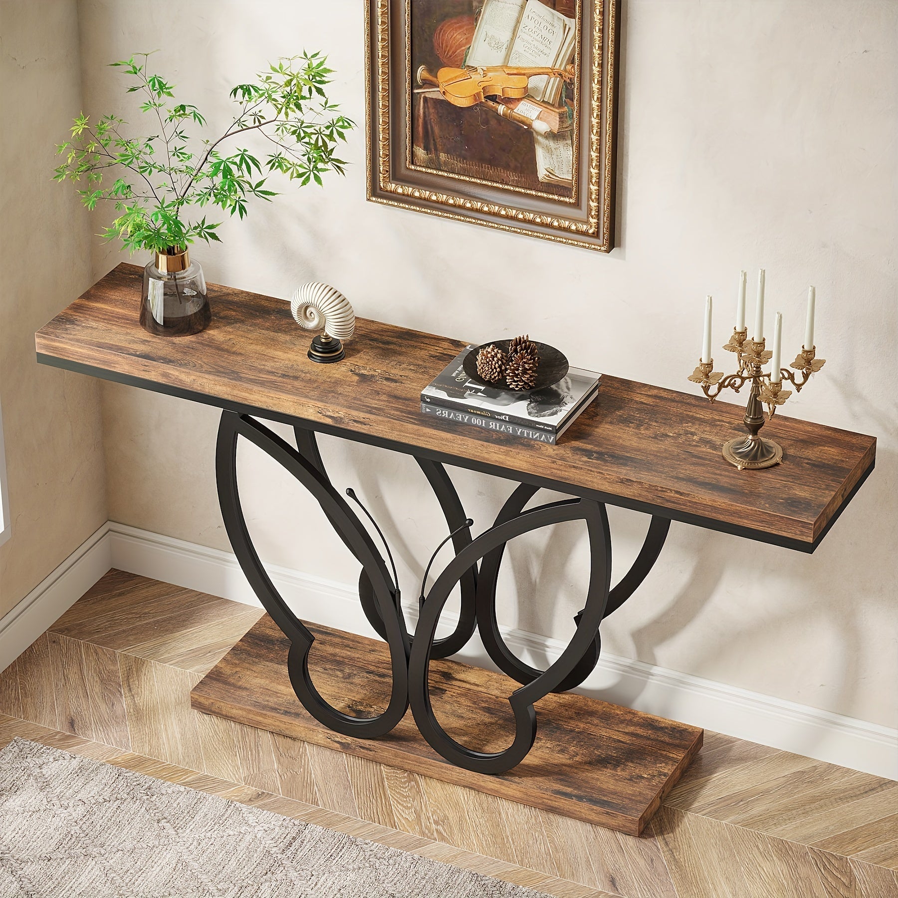 Chic 140 cm Rustic Console Table with Butterfly Metal Frame - Farmhouse Style Wooden Sofa Table for Living Room, Hallway, Entryway - Durable & Weather-Resistant, Brown & Black