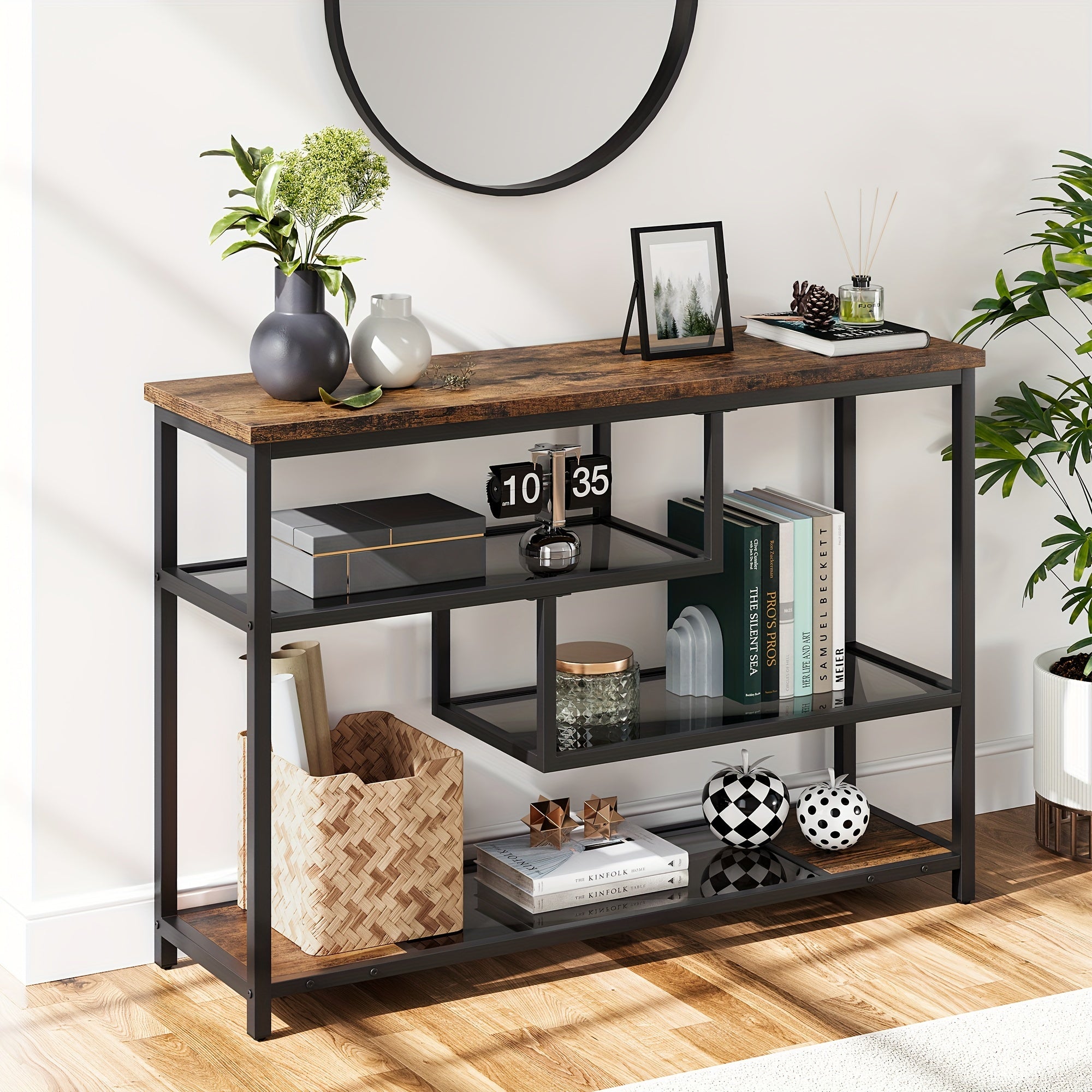 Entryway Table, 4-Tier Sofa Tables Narrow Console Table with Glass Shelf and Metal Frame, Behind Couch Table Industrial Hallway Table for Living Room, Foyer, Bedroom, Rustic Brown (Dimensions in cm)