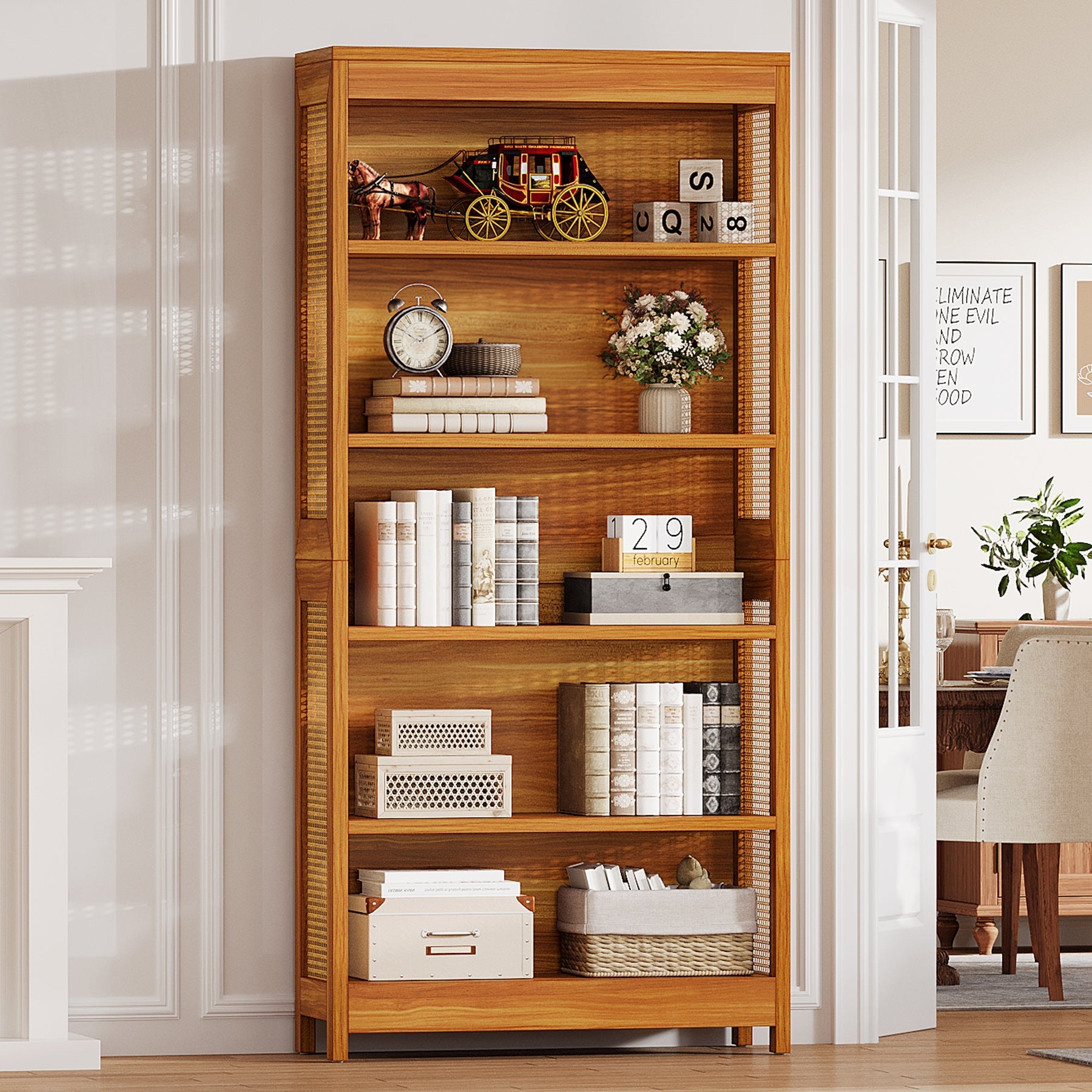 180 cm Bookcase, 6-Tier Bookshelf Display Shelf Etagere with Rattan Accents