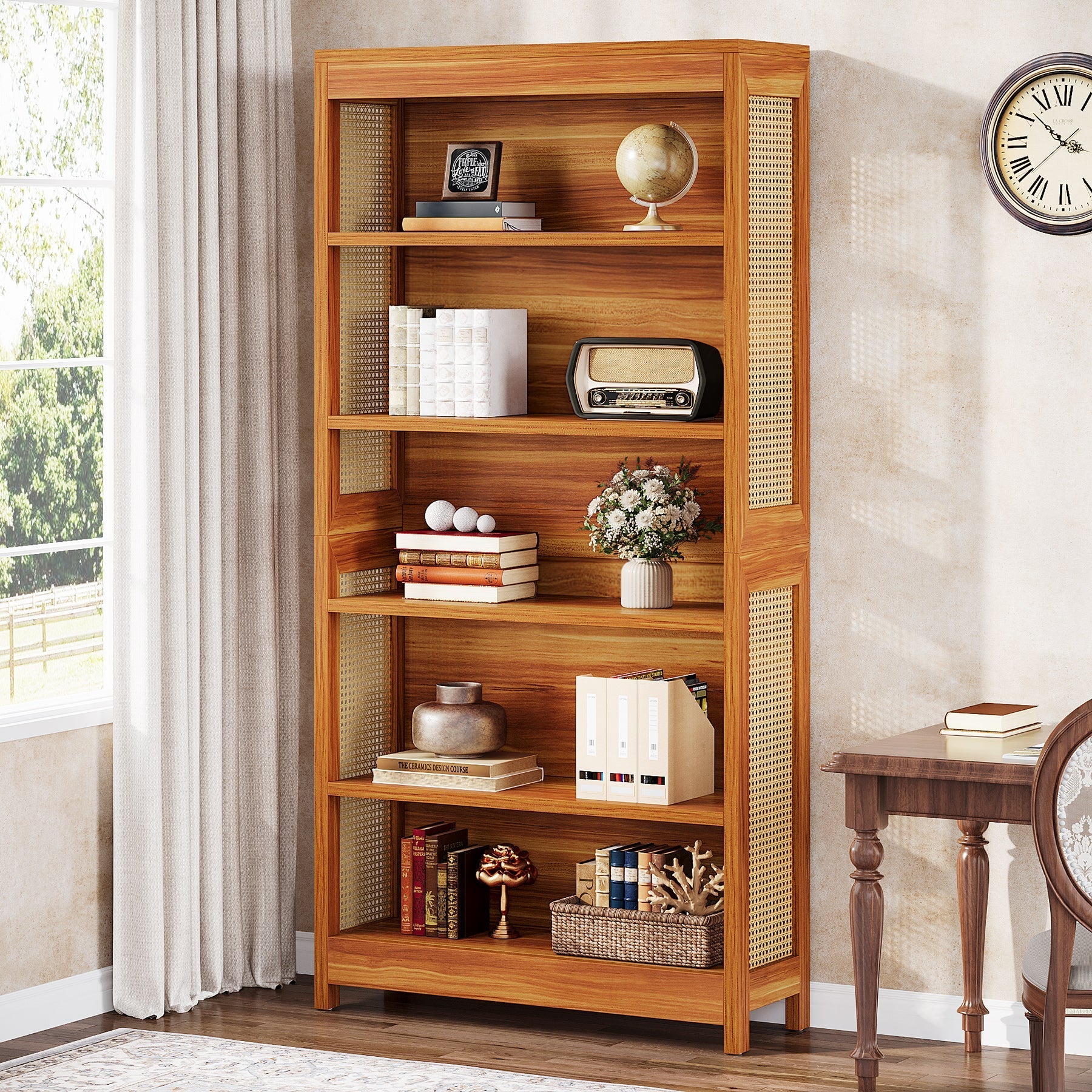 180 cm Bookcase, 6-Tier Bookshelf Display Shelf Etagere with Rattan Accents