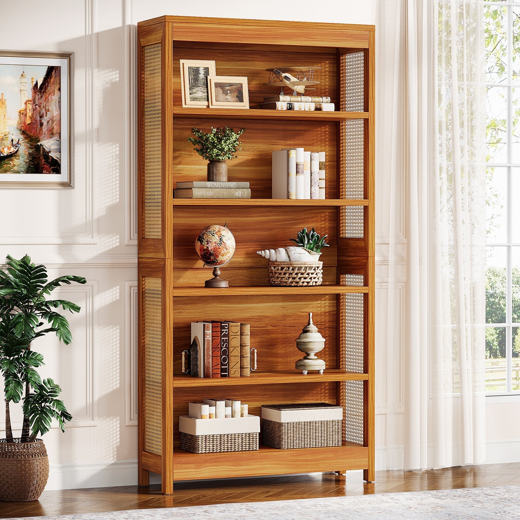 180 cm Bookcase, 6-Tier Bookshelf Display Shelf Etagere with Rattan Accents