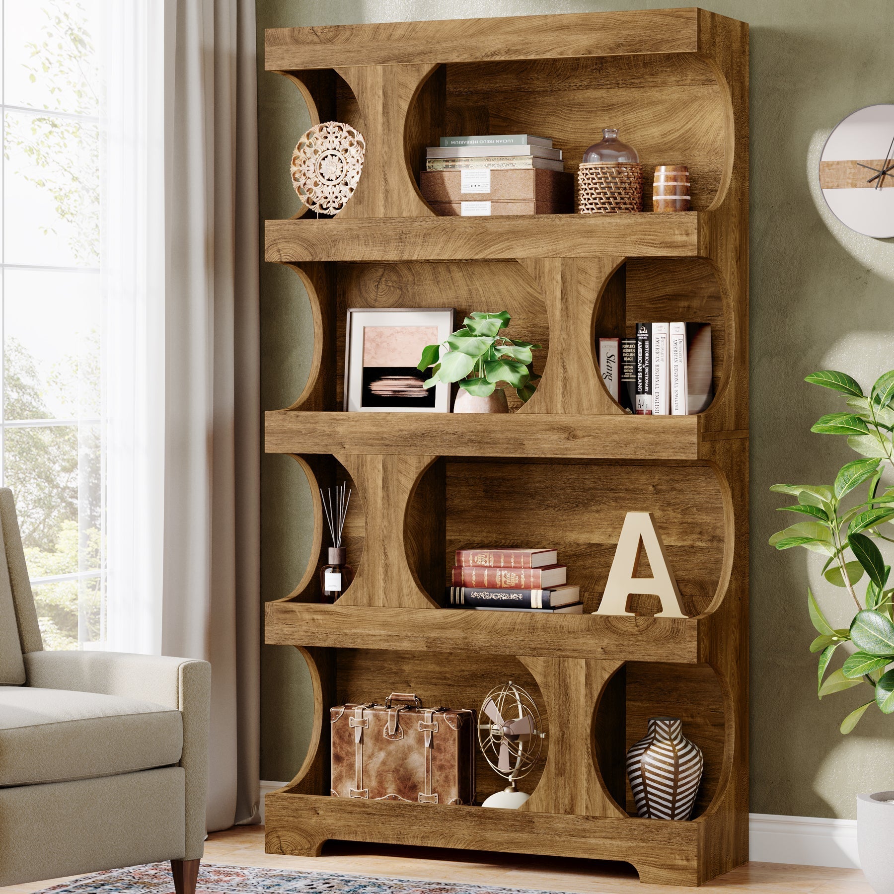 180 cm Bookshelf, 4-Tier S-Shaped Bookcase Freestanding Display Shelves