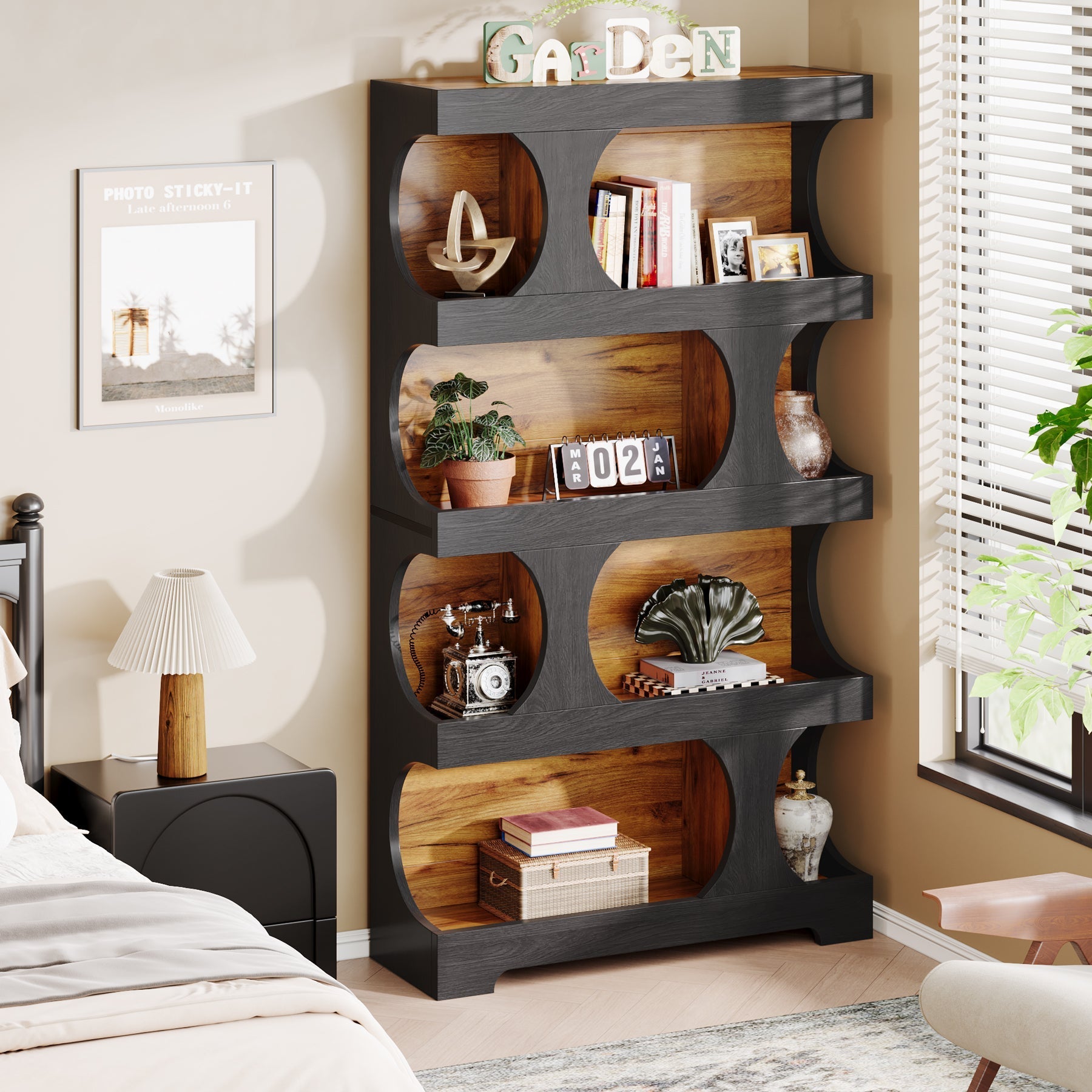 180 cm Bookshelf, 4-Tier S-Shaped Bookcase Freestanding Display Shelves