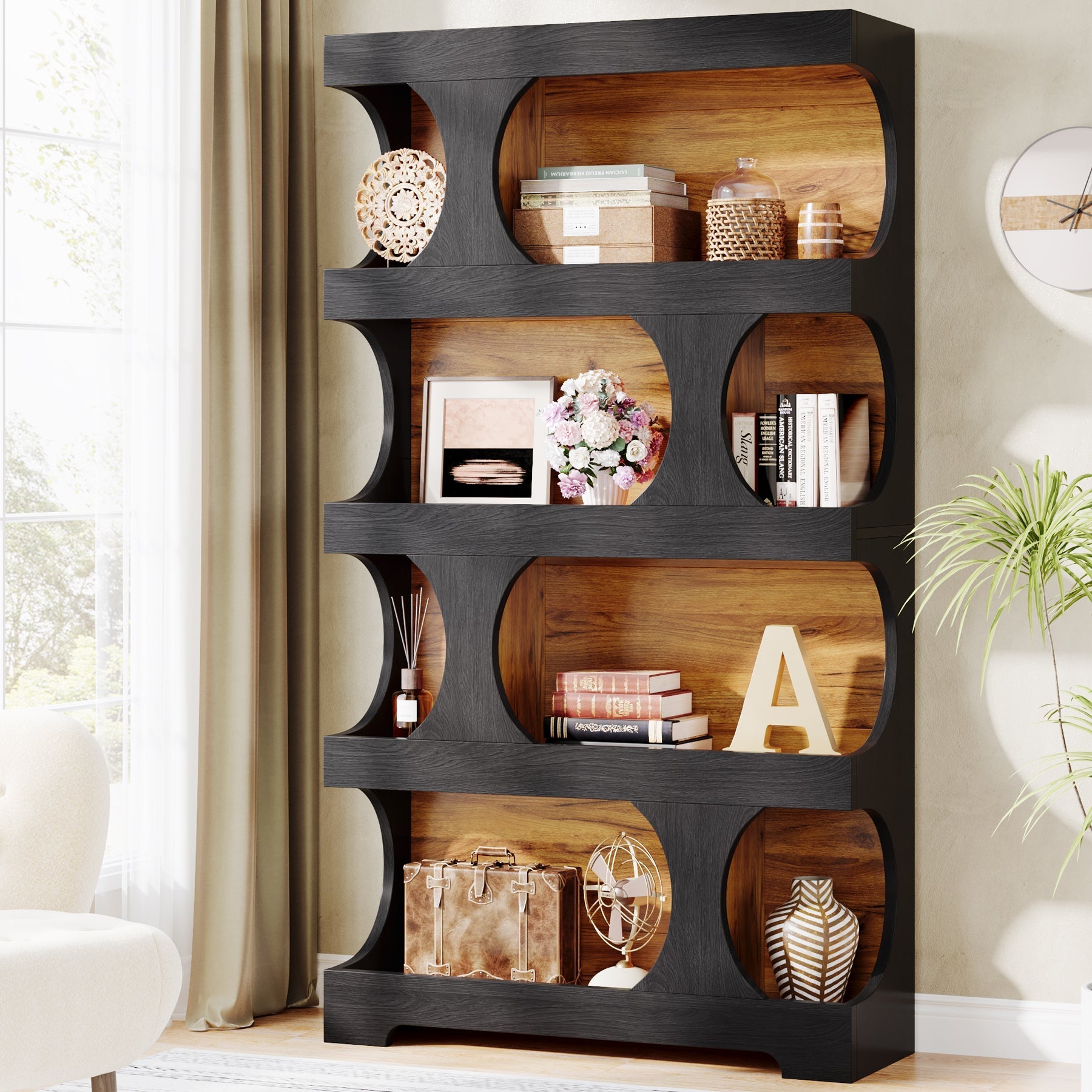 180 cm Bookshelf, 4-Tier S-Shaped Bookcase Freestanding Display Shelves