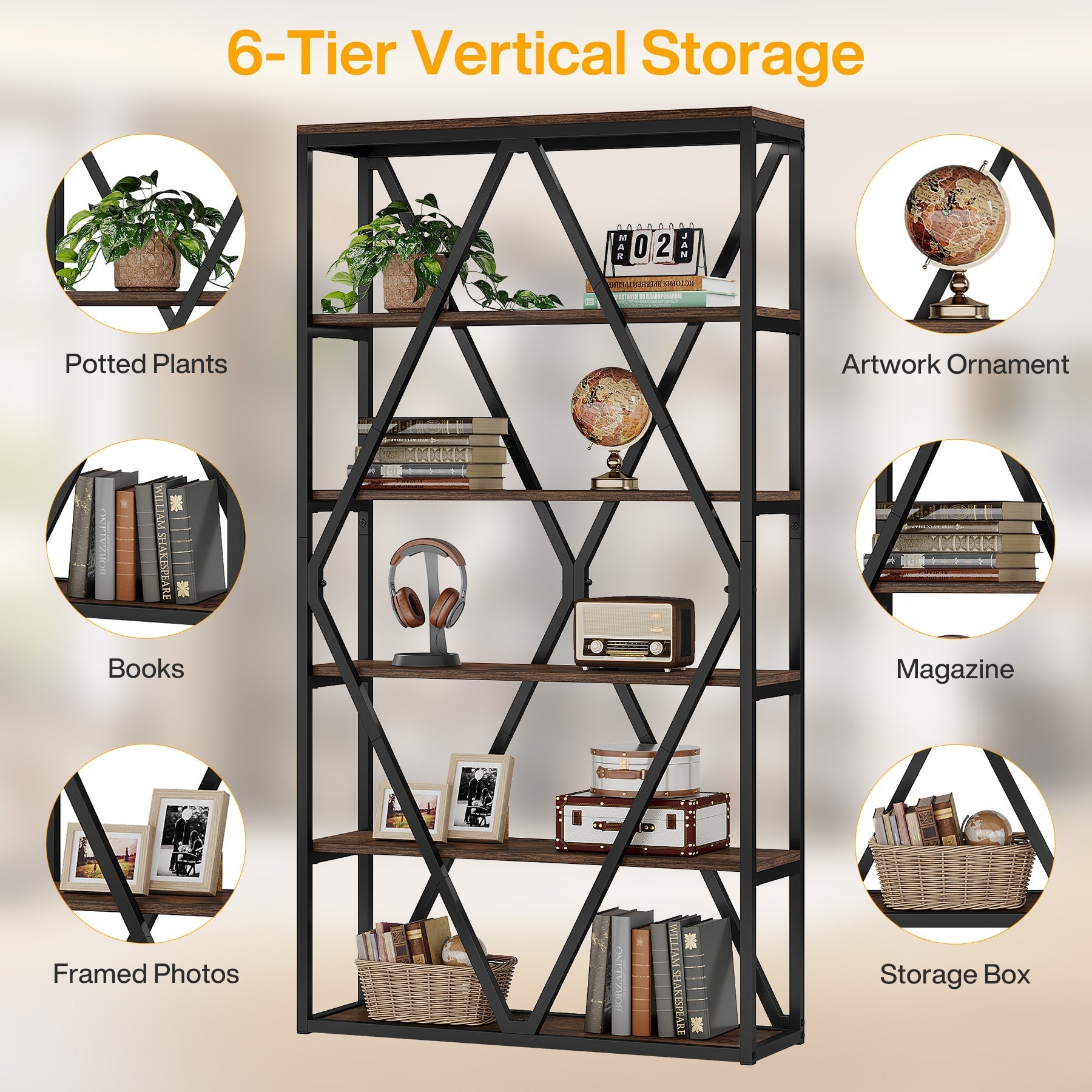 180 cm Bookshelf, Freestanding 6-Tier Bookcase Etagere Display Shelf