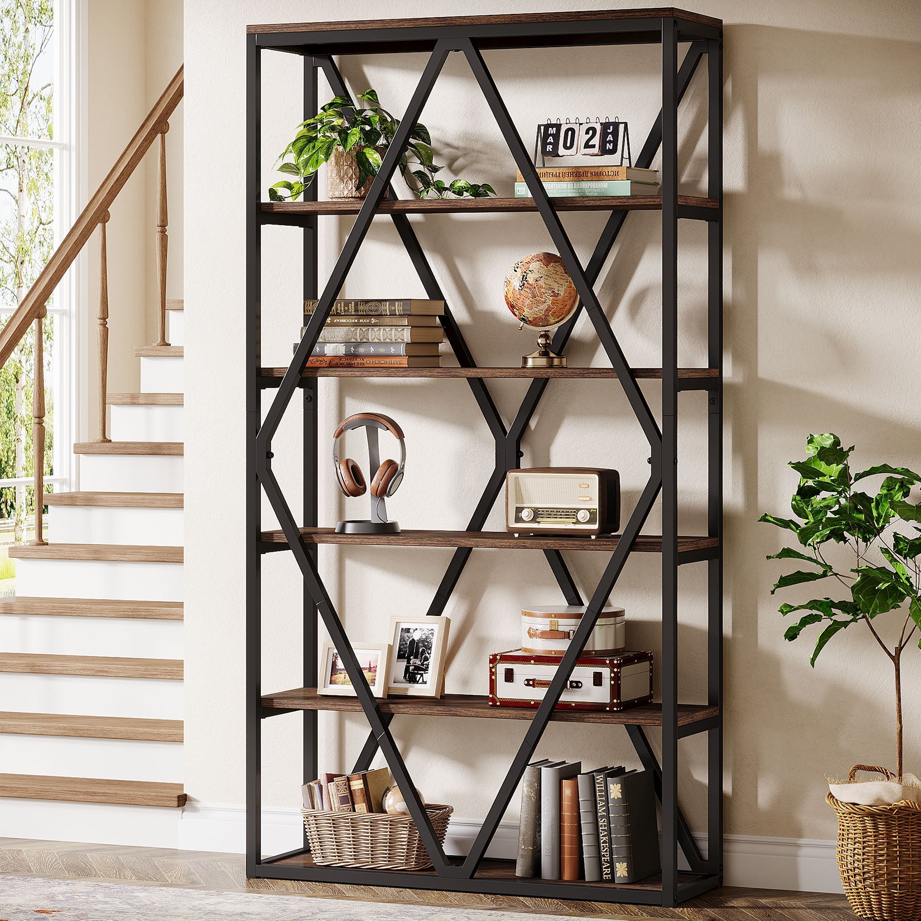 180 cm Bookshelf, Freestanding 6-Tier Bookcase Etagere Display Shelf