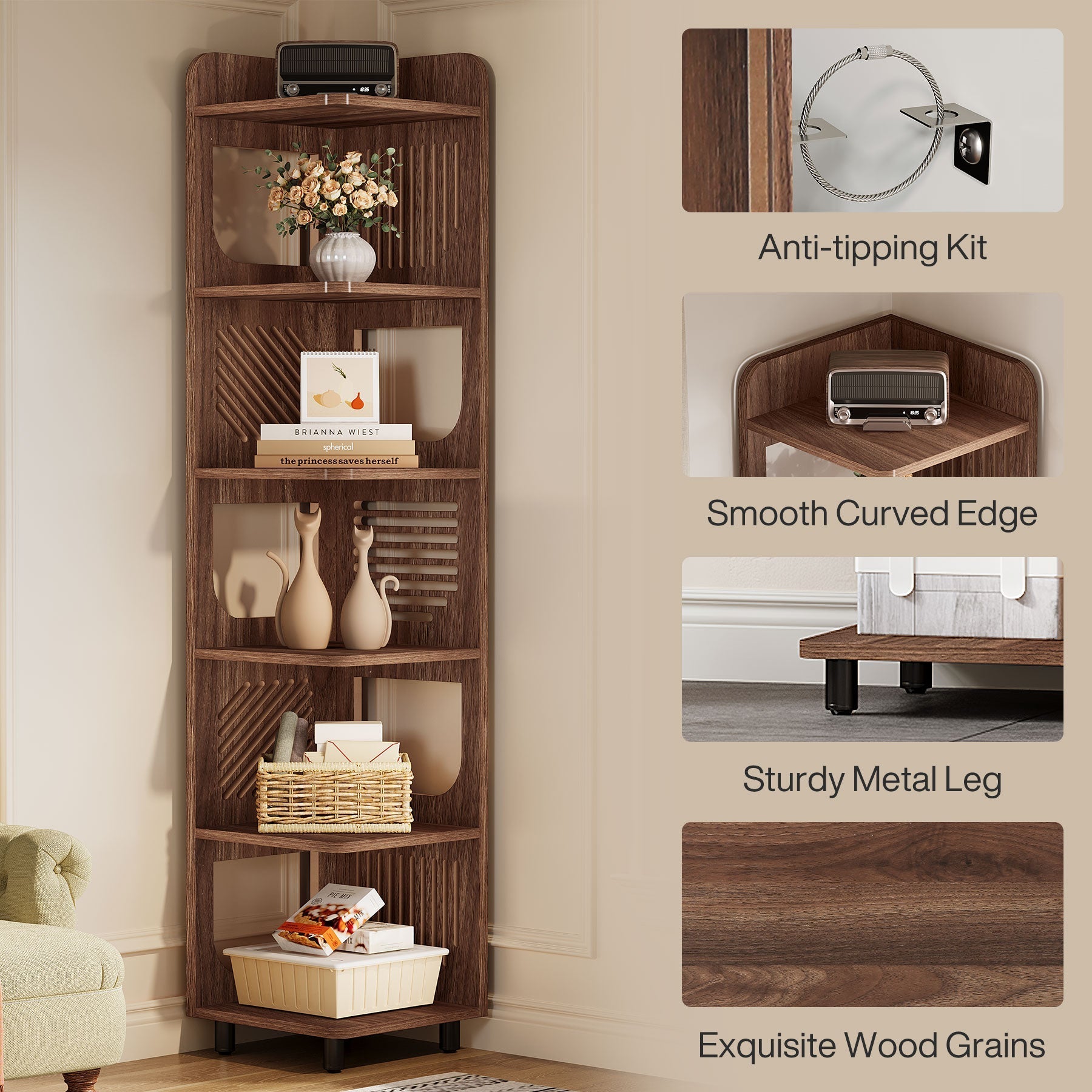 180 cm Corner Shelf, Narrow Bookshelf Display Shelf with Storage Rack