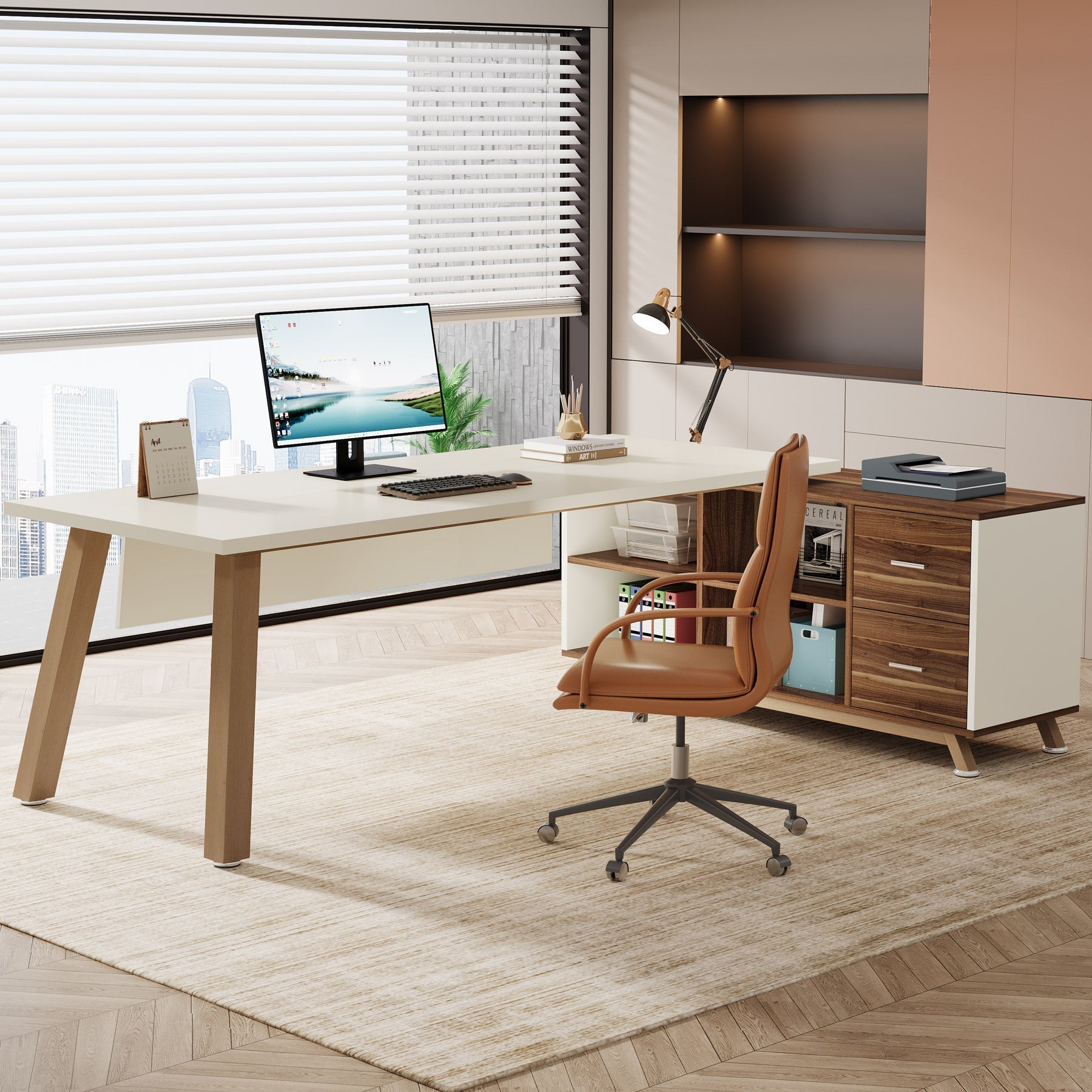 180 cm Executive Desk, L-Shaped Computer Desk Office Desk with File Cabinet