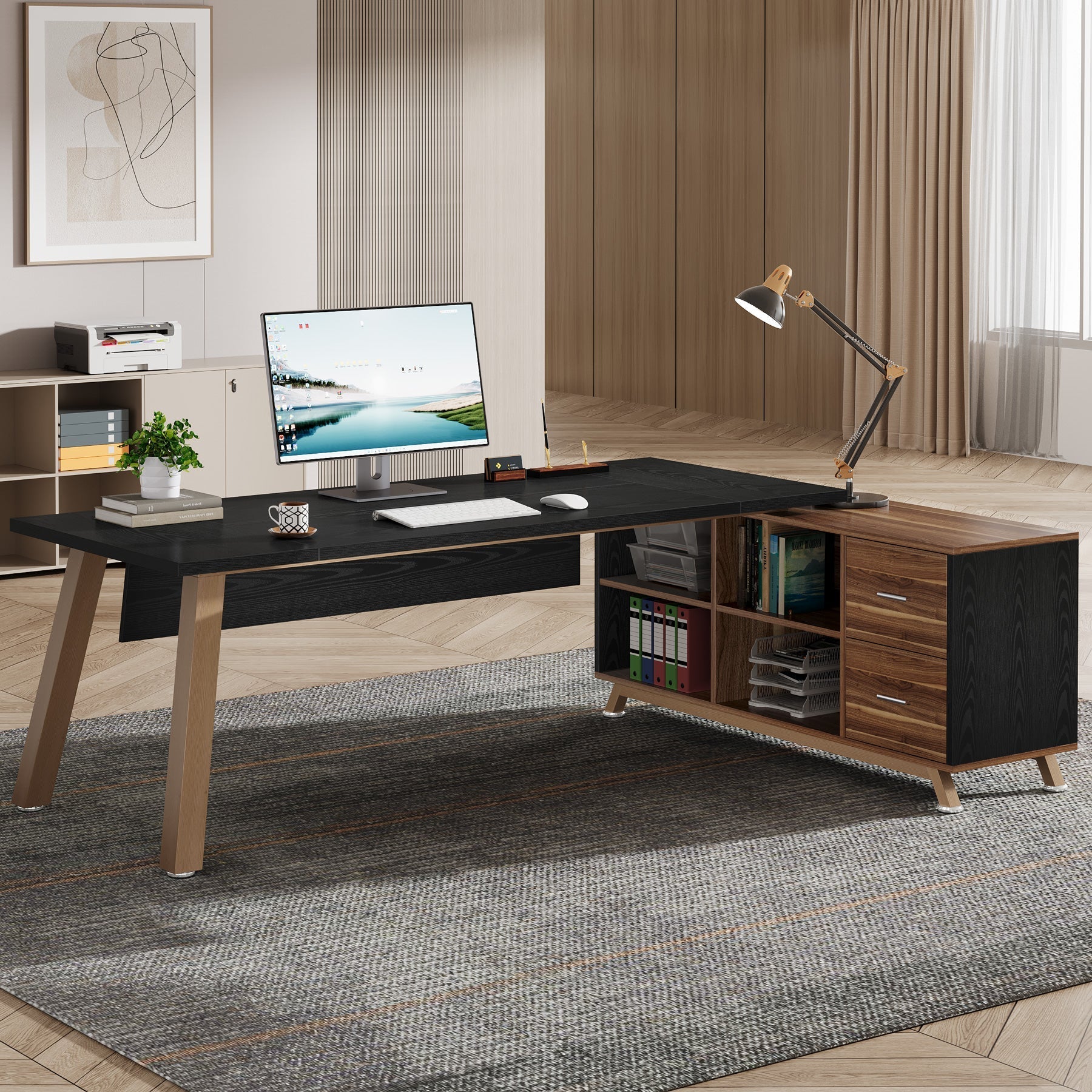 180 cm Executive Desk, L-Shaped Computer Desk Office Desk with File Cabinet