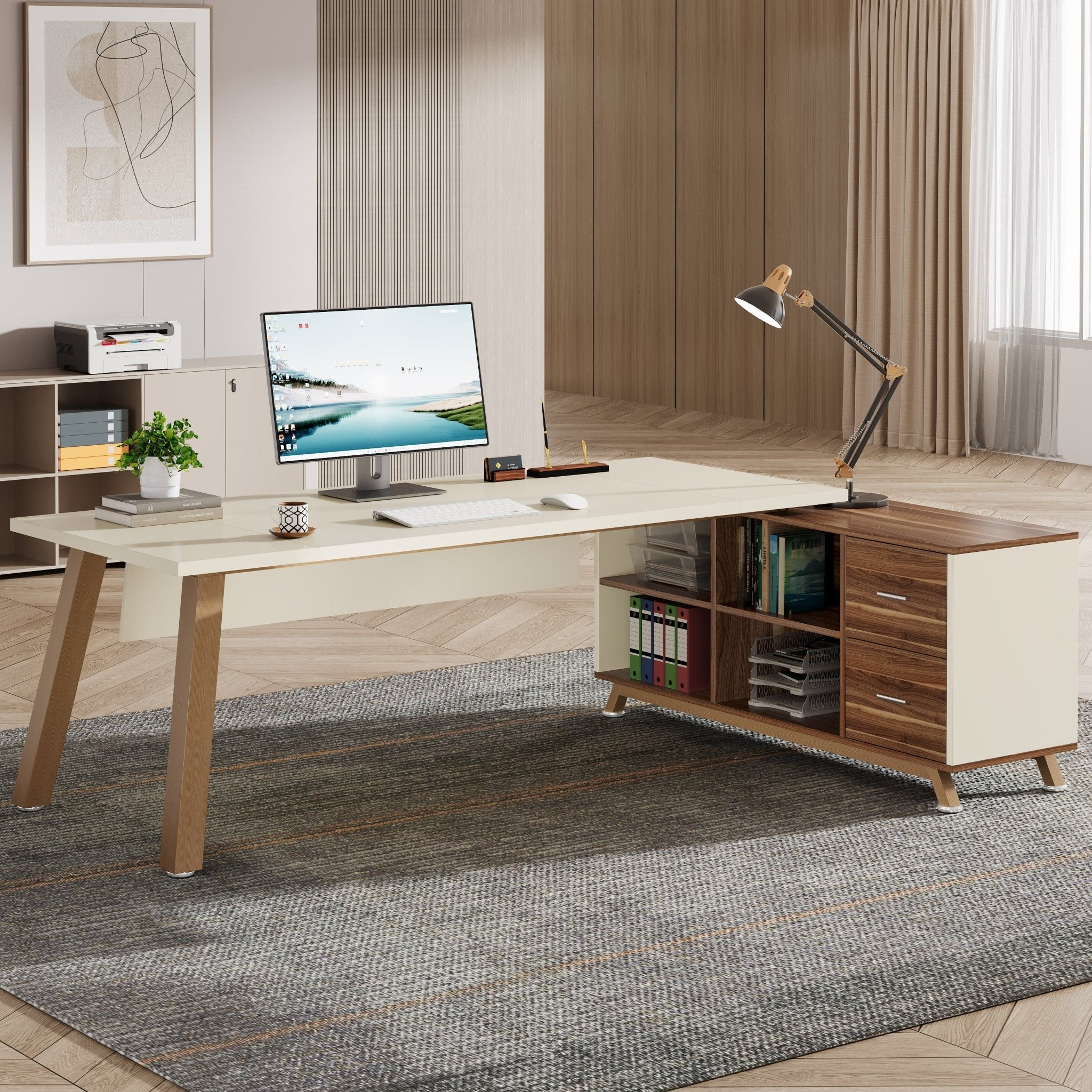 180 cm Executive Desk, L-Shaped Computer Desk Office Desk with File Cabinet