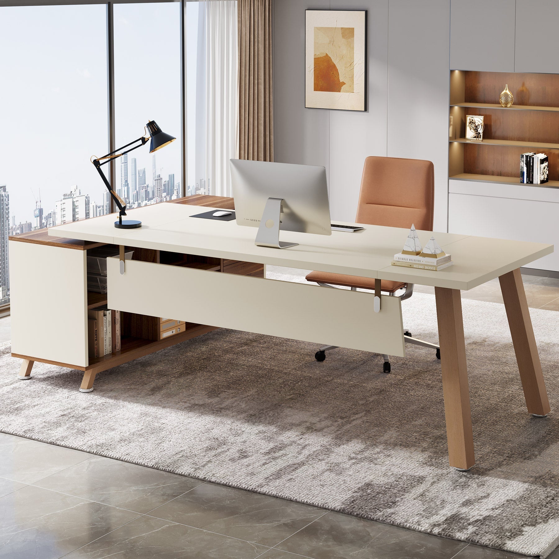 180 cm Executive Desk, L-Shaped Computer Desk Office Desk with File Cabinet