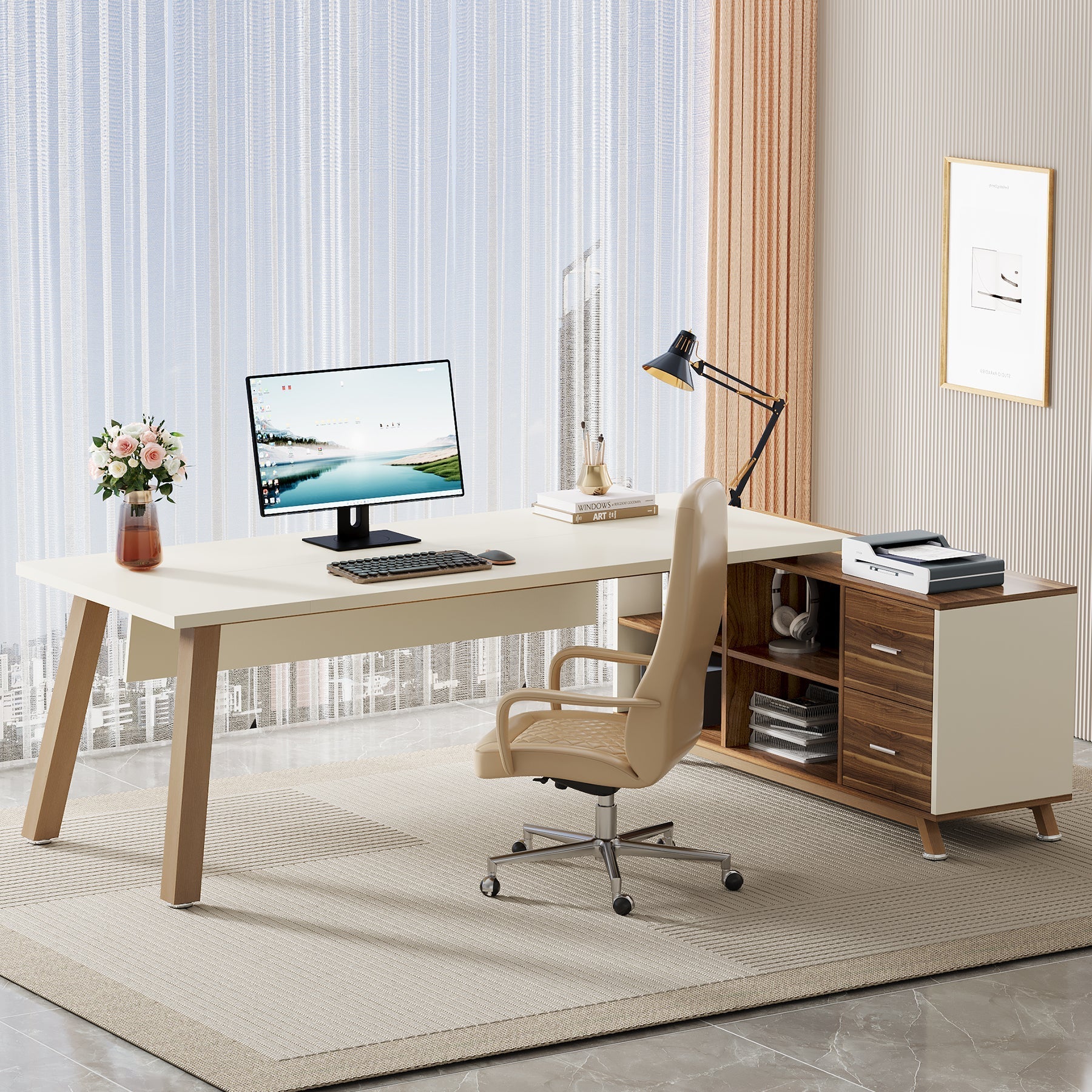 180 cm Executive Desk, L-Shaped Computer Desk Office Desk with File Cabinet