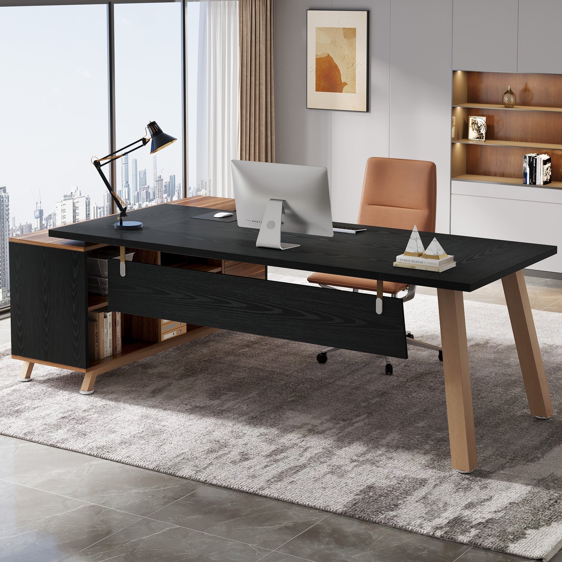 180 cm Executive Desk, L-Shaped Computer Desk Office Desk with File Cabinet