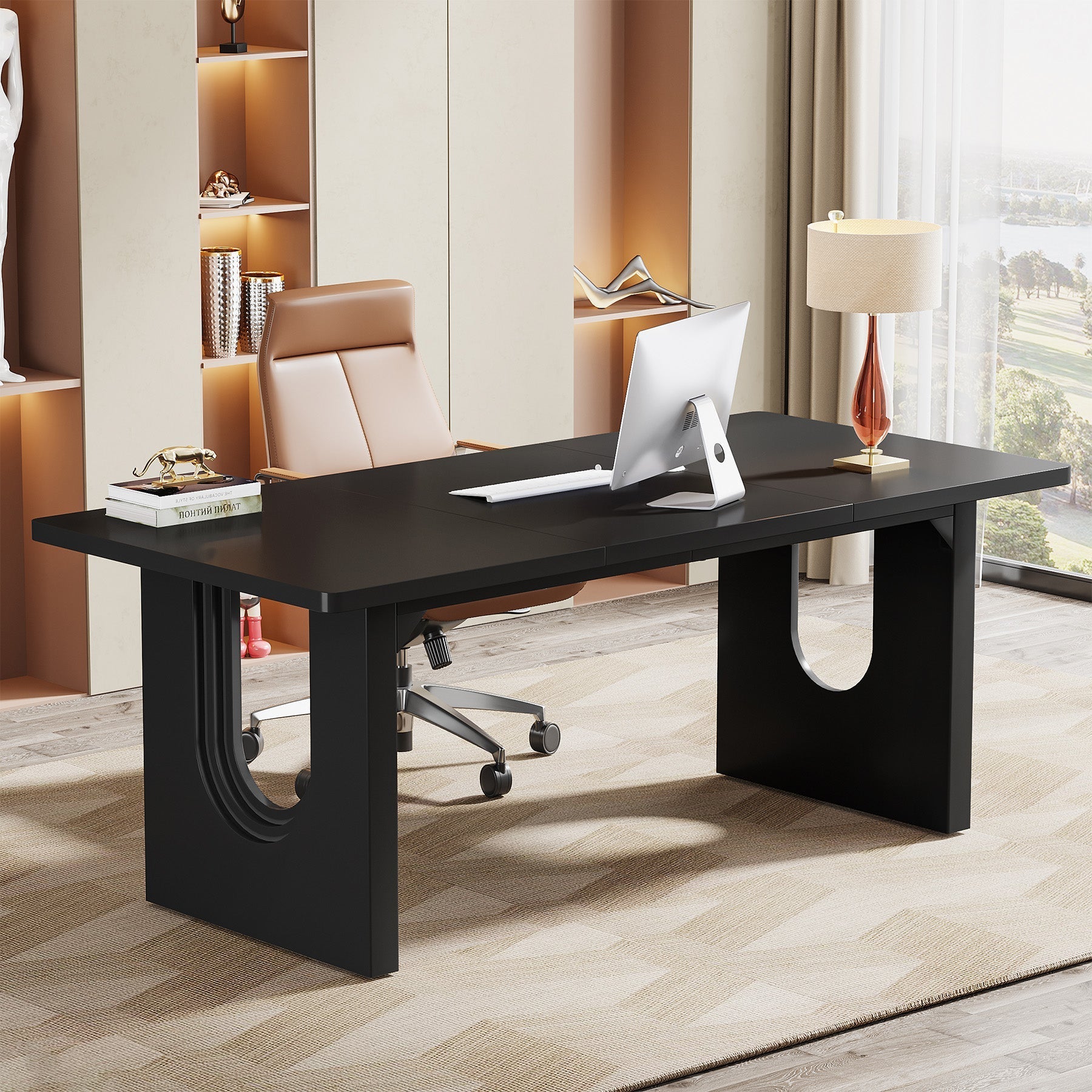 180 cm Executive Desk, Modern Computer Desk with Wood Double Pedestal Base