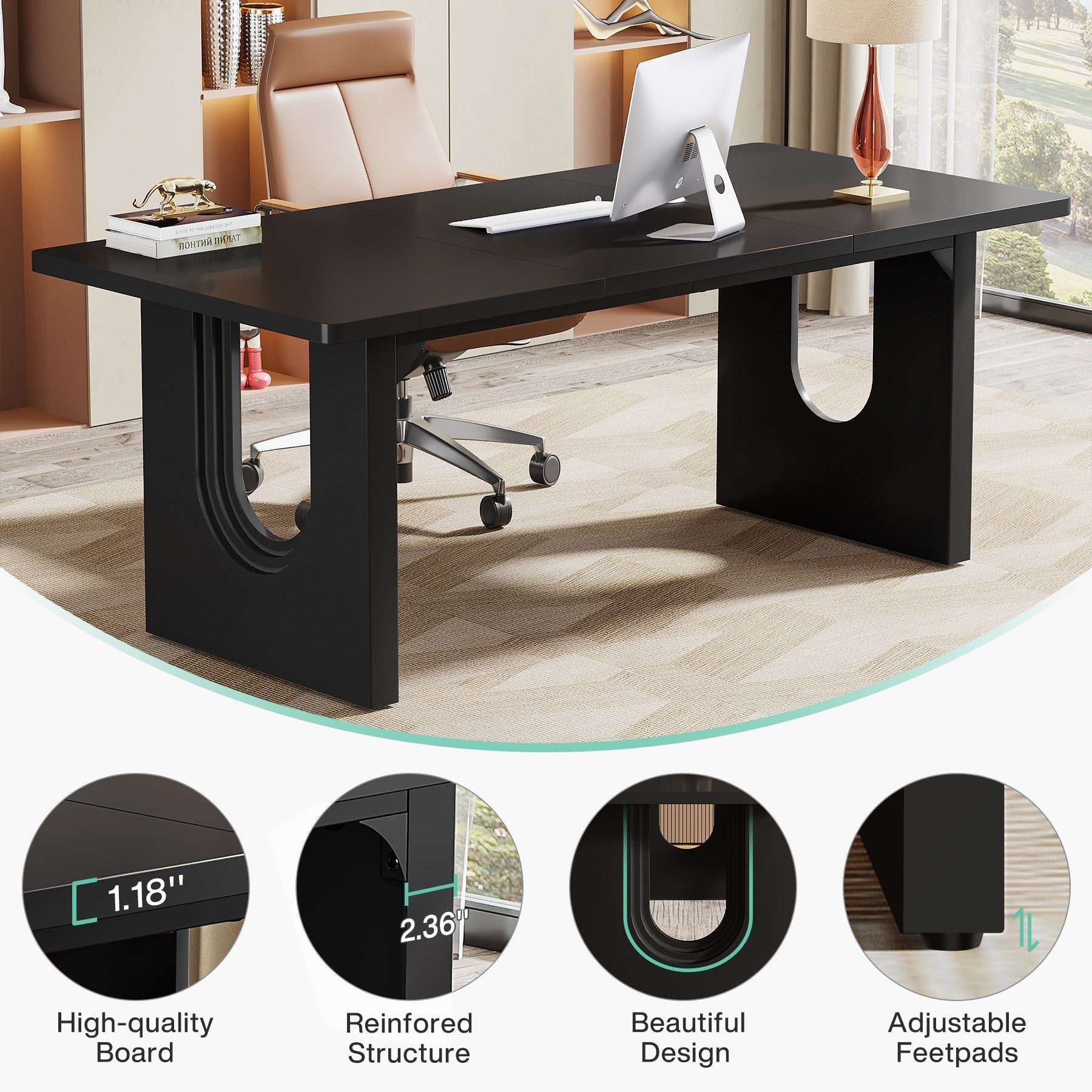 180 cm Executive Desk, Modern Computer Desk with Wood Double Pedestal Base